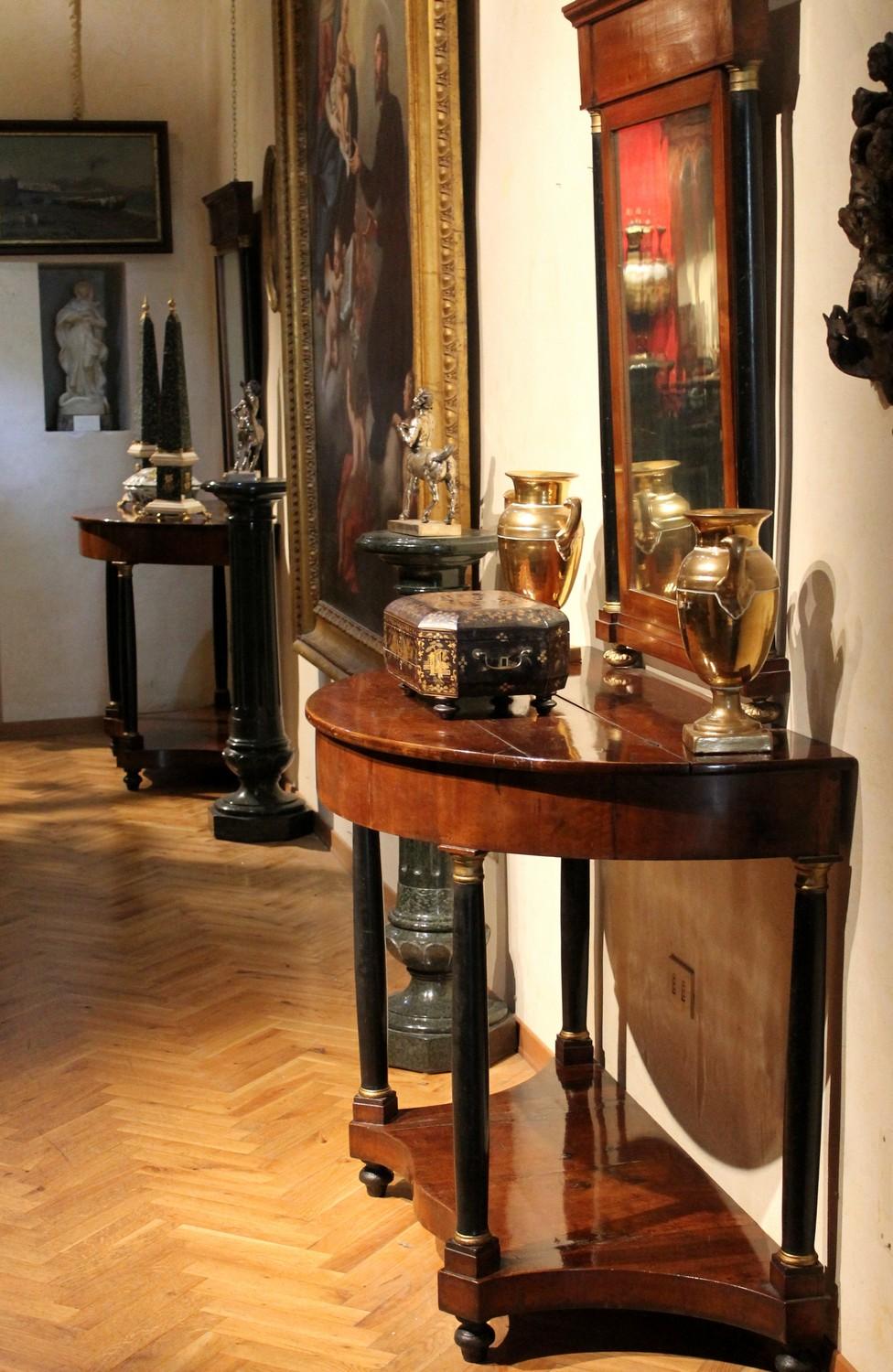 Italian Empire Period Walnut and Ebonized Demilune Console Tables with Mirrors For Sale 3