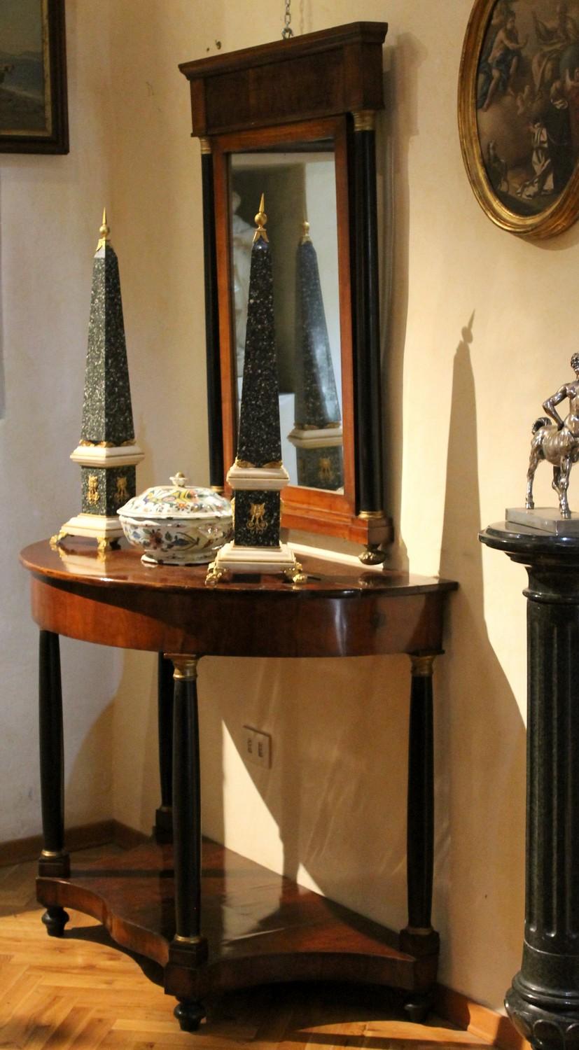 Italian Empire Period Walnut and Ebonized Demilune Console Tables with Mirrors For Sale 4