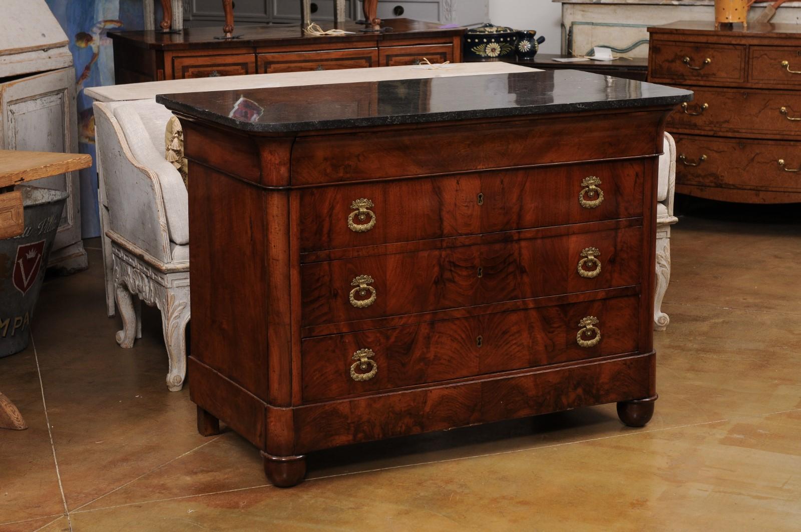 Carved Italian Empire Style 1890s Marble Top Four-Drawer Commode with Bronze Hardware For Sale