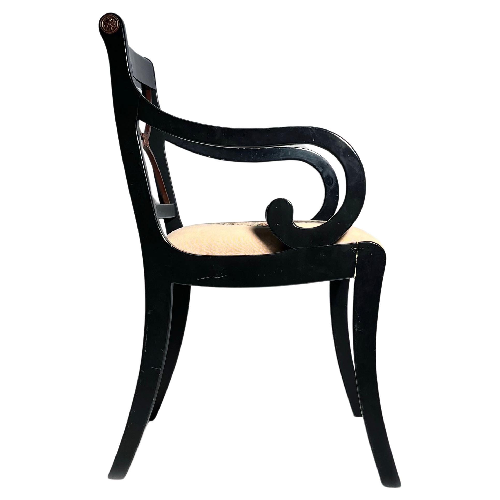 Italian Empire Style Black Lacquered Scroll Armchair