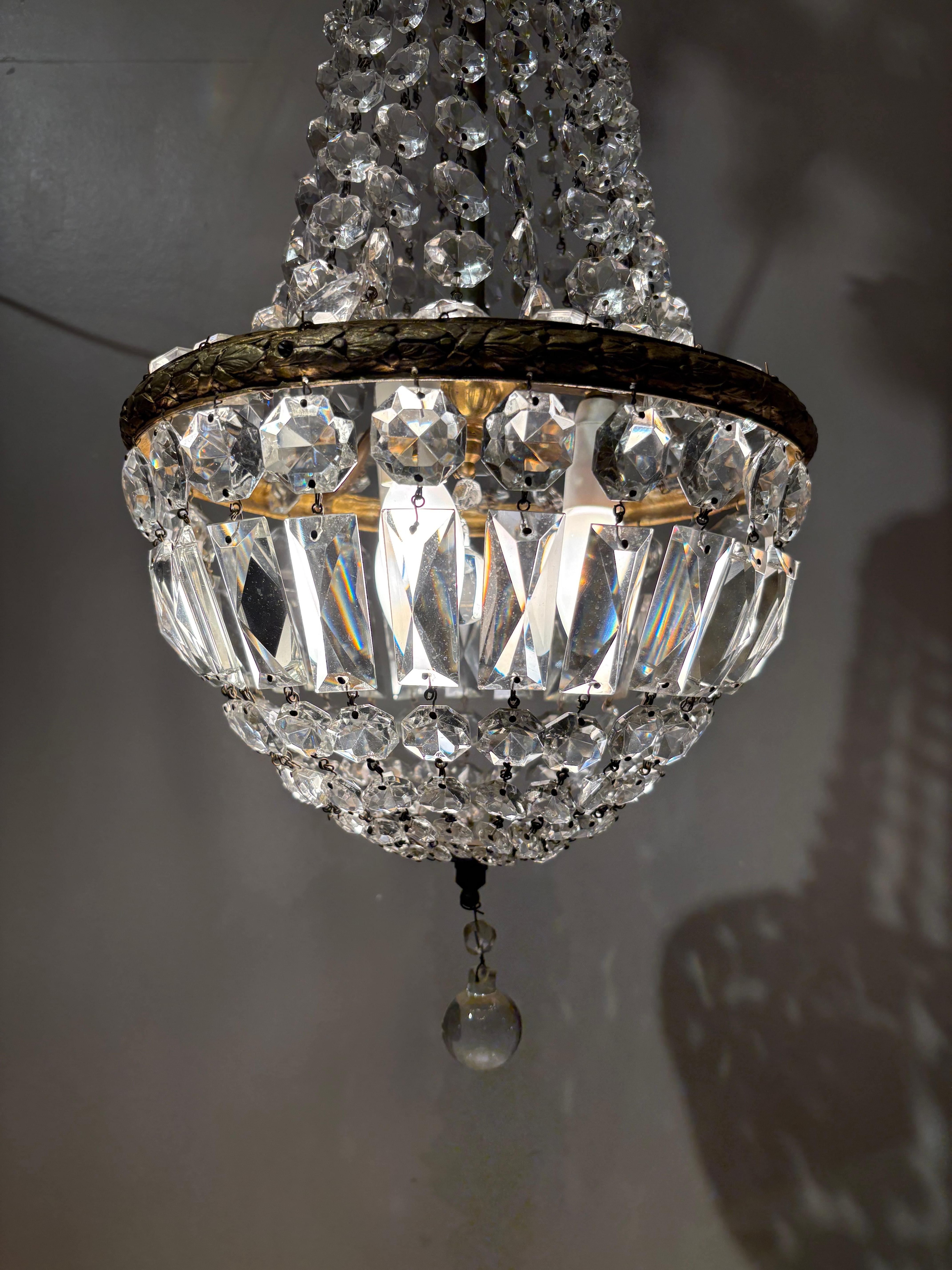 Brass Italian Empire Style Chandelier with Bohemian Crystal For Sale