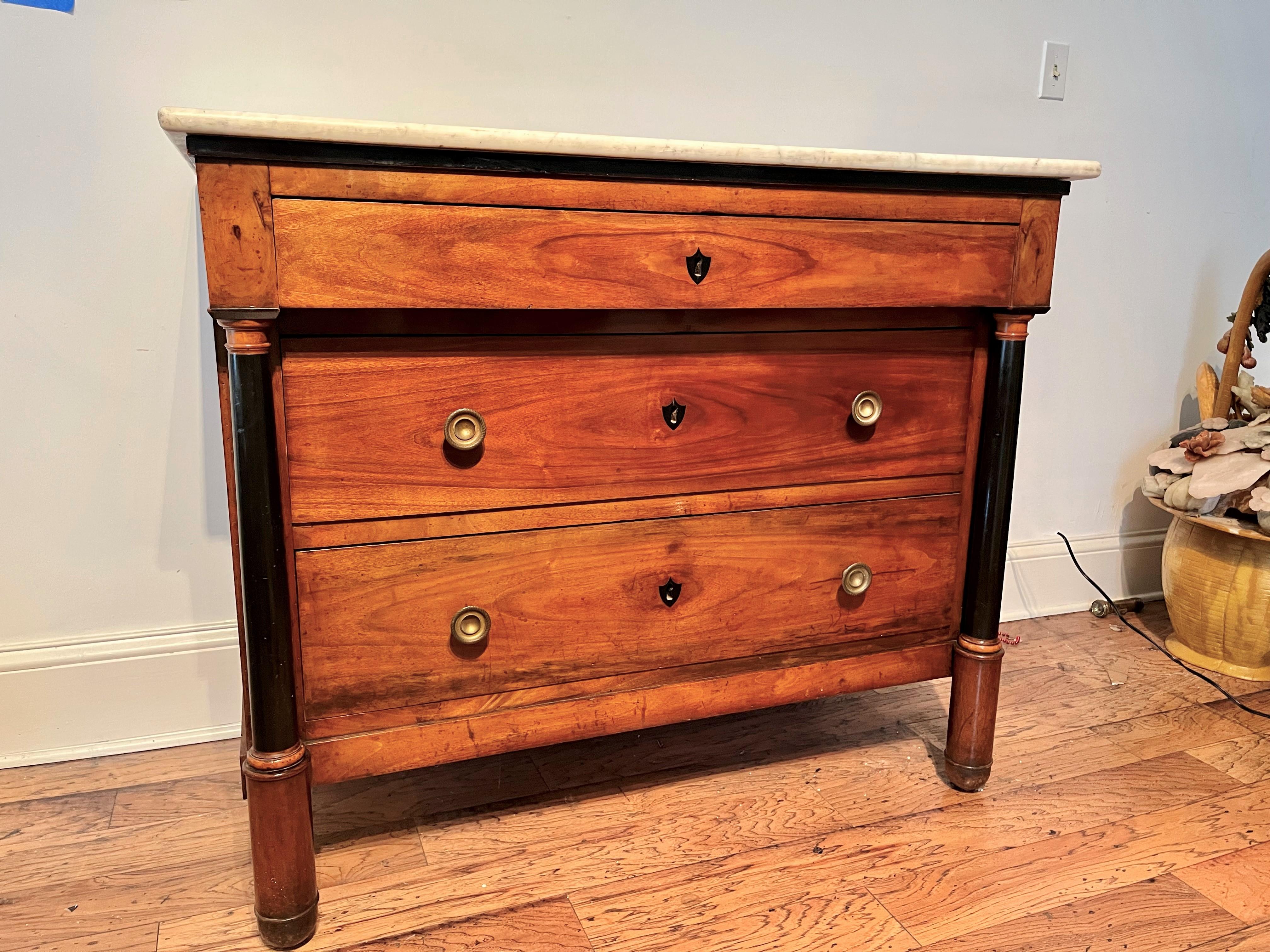 Italian Empire Style Chest of Cherrywood or Fruitwood with Ebonized Columns In Fair Condition In Nashville, TN