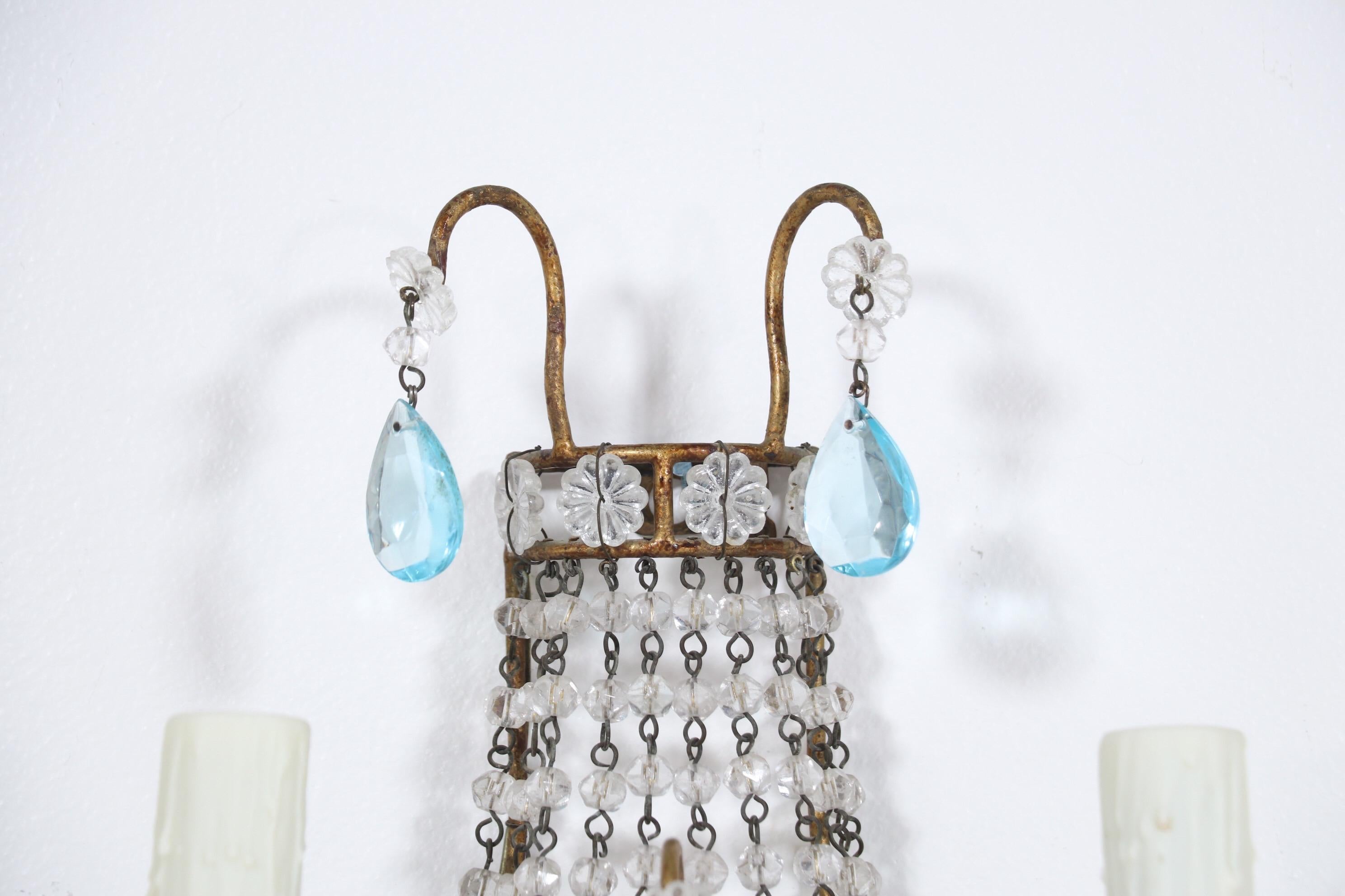 Italian Empire Style Crystal Beaded Sconces with Light Blue Drops In Good Condition In Los Angeles, CA