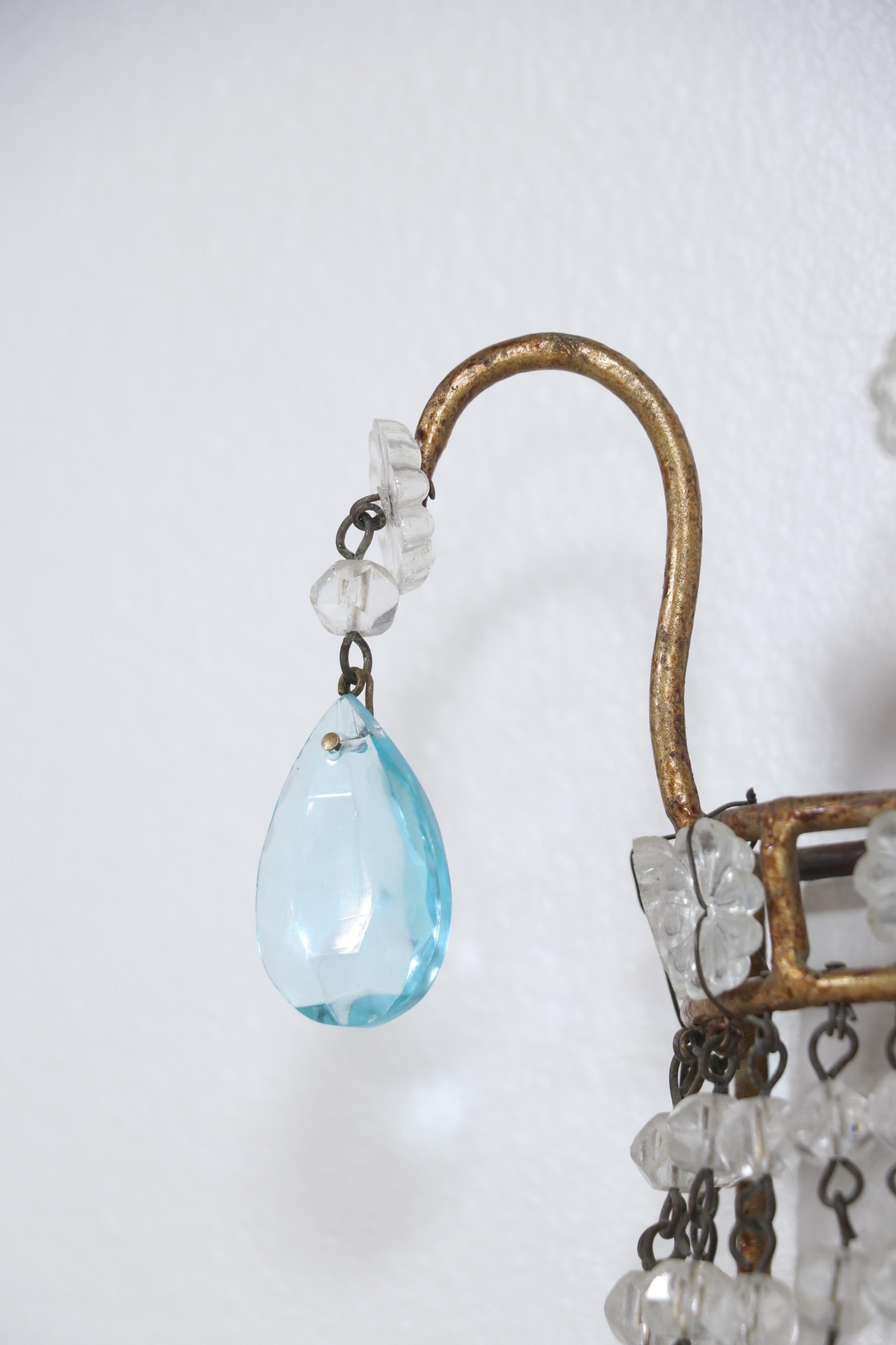 Mid-20th Century Italian Empire Style Crystal Beaded Sconces with Light Blue Drops