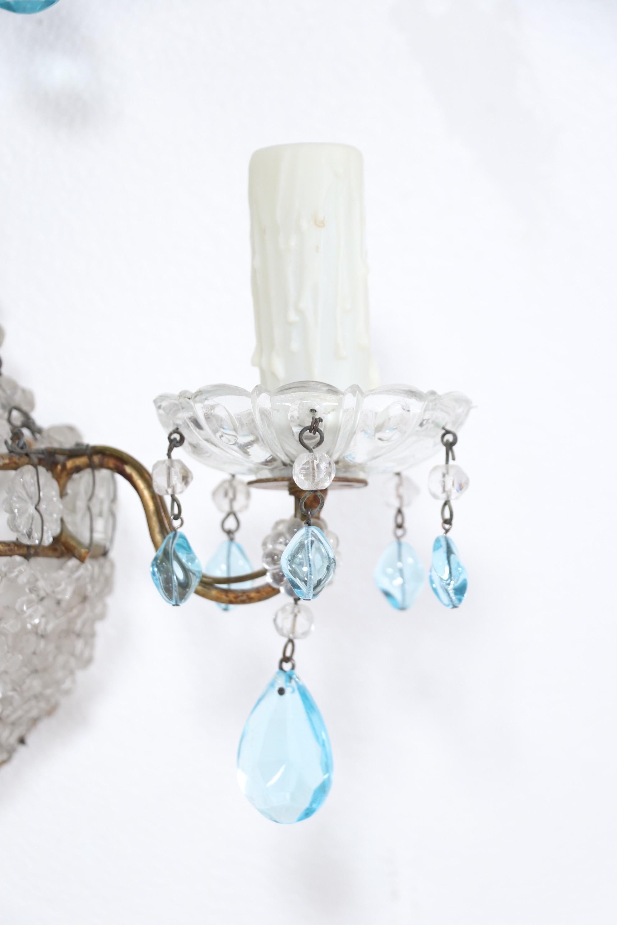 Art Glass Italian Empire Style Crystal Beaded Sconces with Light Blue Drops