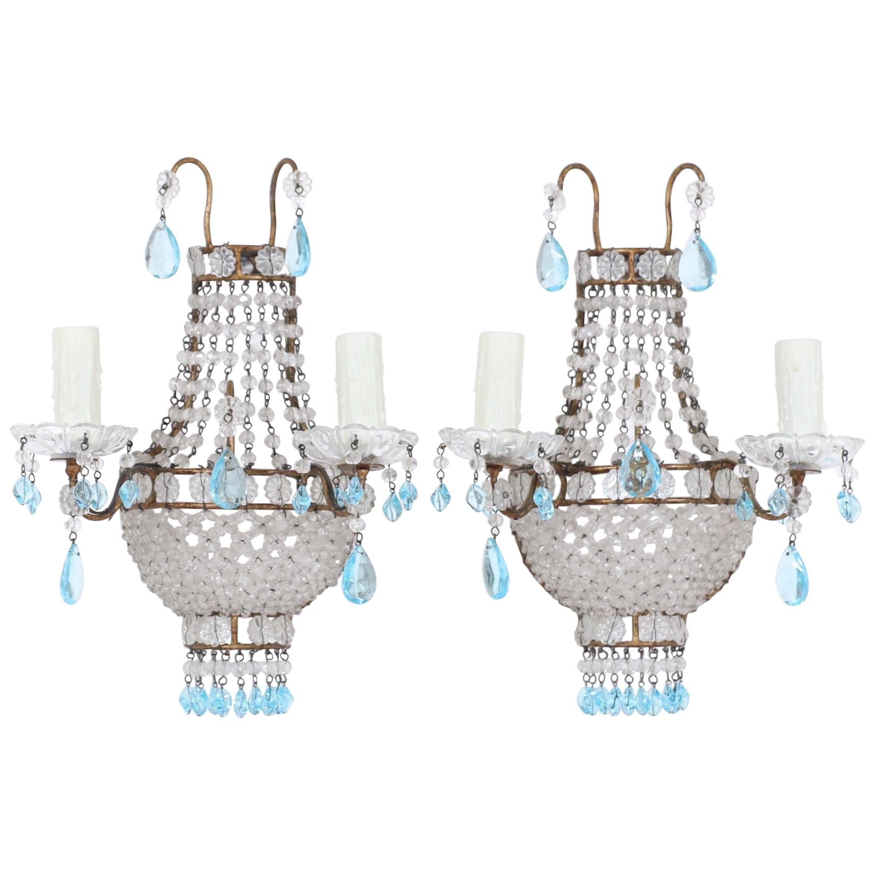 Italian Empire Style Crystal Beaded Sconces with Light Blue Drops