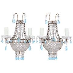 Italian Empire Style Crystal Beaded Sconces with Light Blue Drops