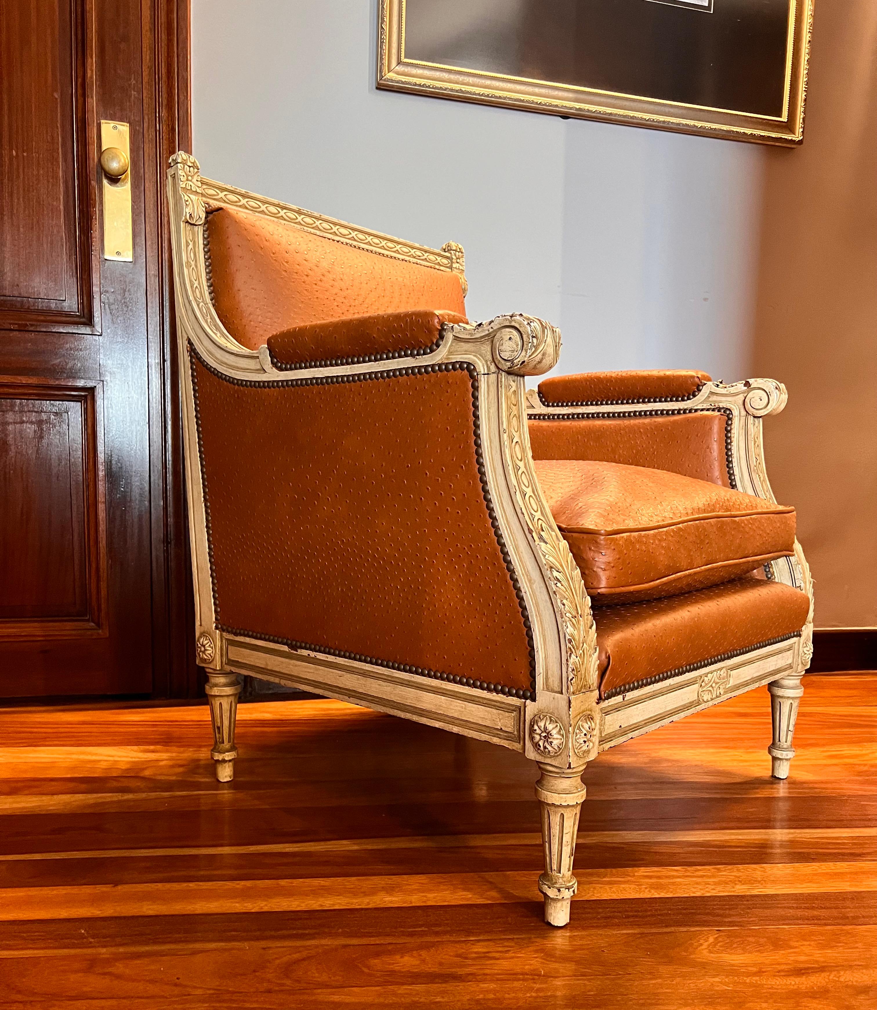 An outstanding Louis XVI Napoleon III Marquise armchairs.
A superb , ornately carved French armchairs with original paint and in the Louis XVI style, dating from the end of the 19th Century with brown aligator style earth brown colour