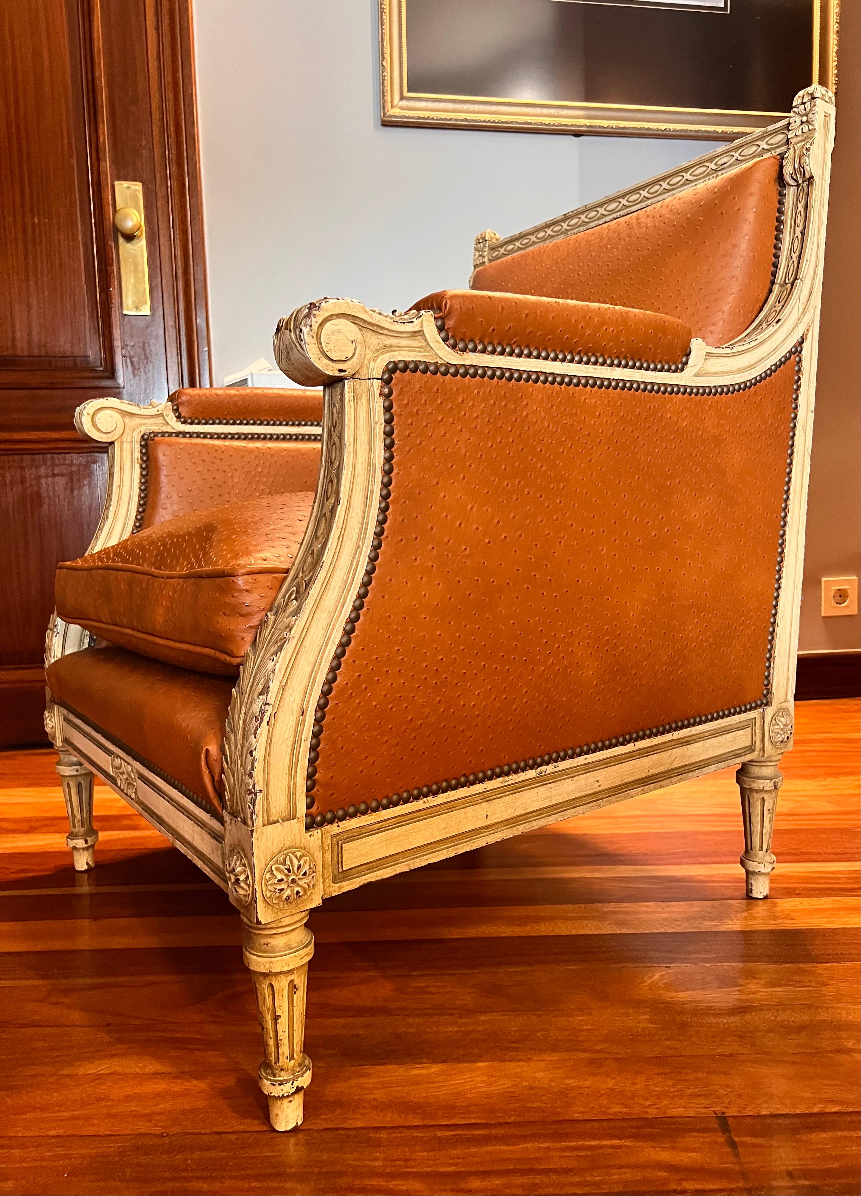 French Louis XVI Napoleon III Marquise armchair with Tobacco Aligator Style Skin For Sale