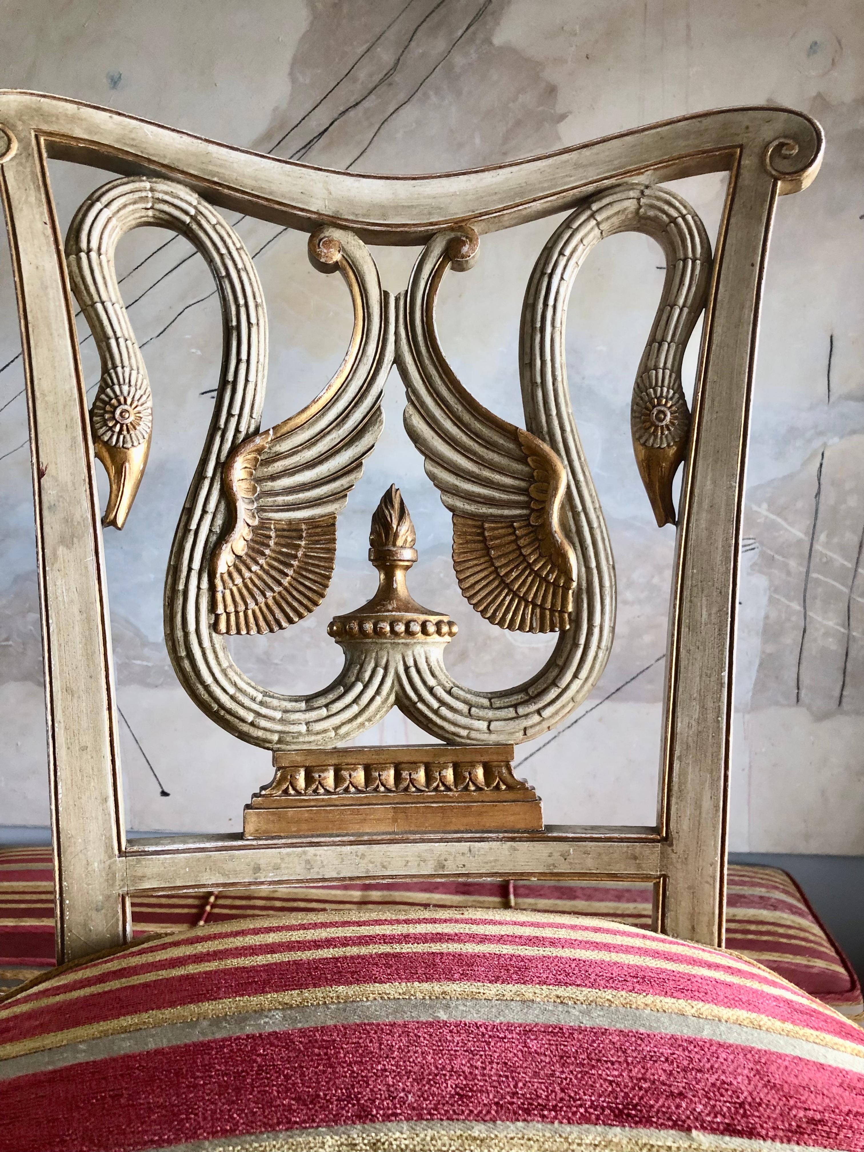 Patinated Italian Empire Swans Chairs in Cream and Gold Finish with Velvet Upholstery