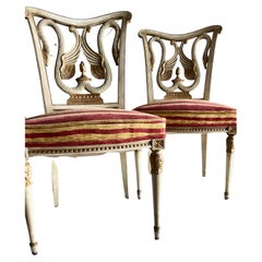 Antique Italian Empire Swans Chairs in Cream and Gold Finish with Velvet Upholstery
