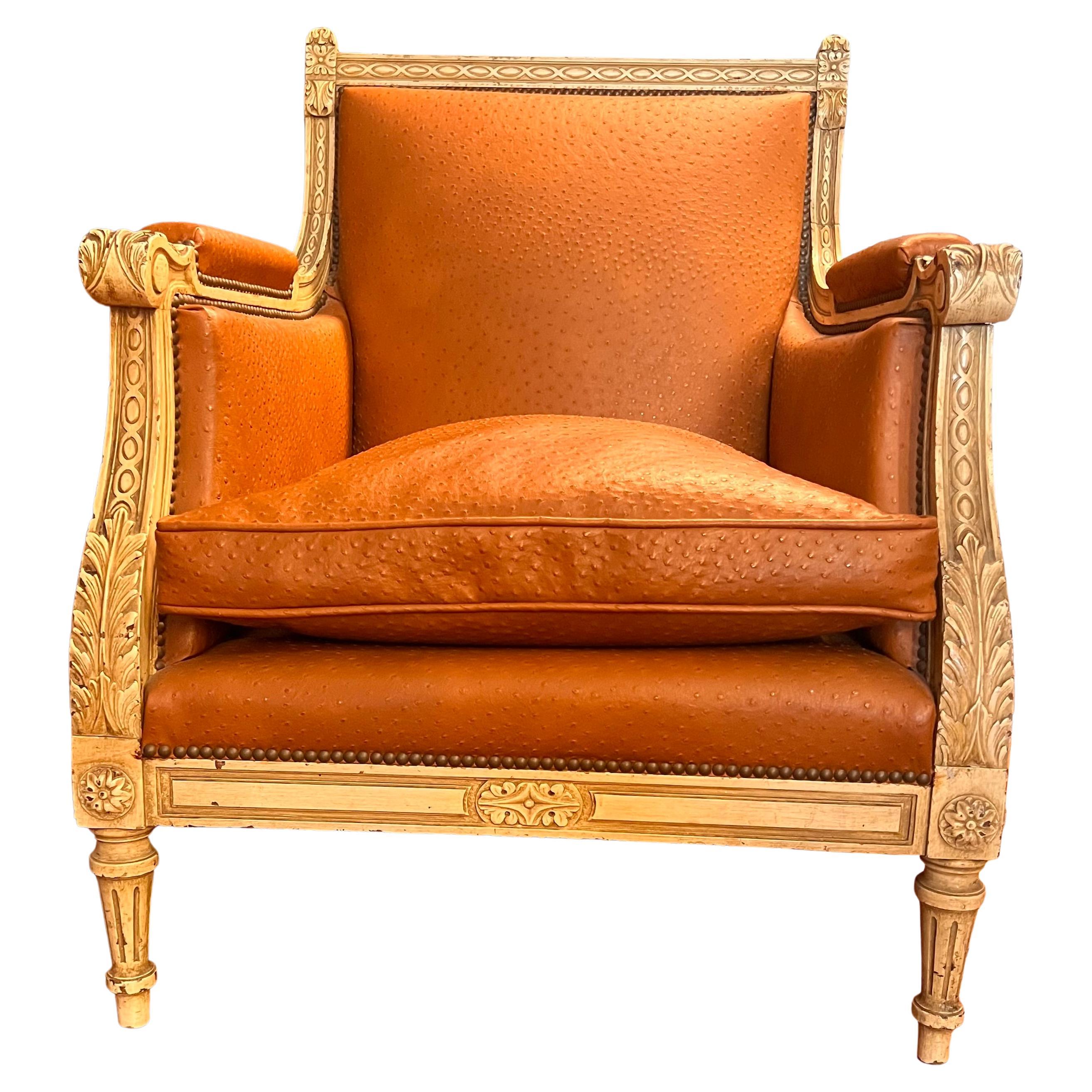 Louis XVI Napoleon III Marquise armchair with Tobacco Aligator Style Skin For Sale