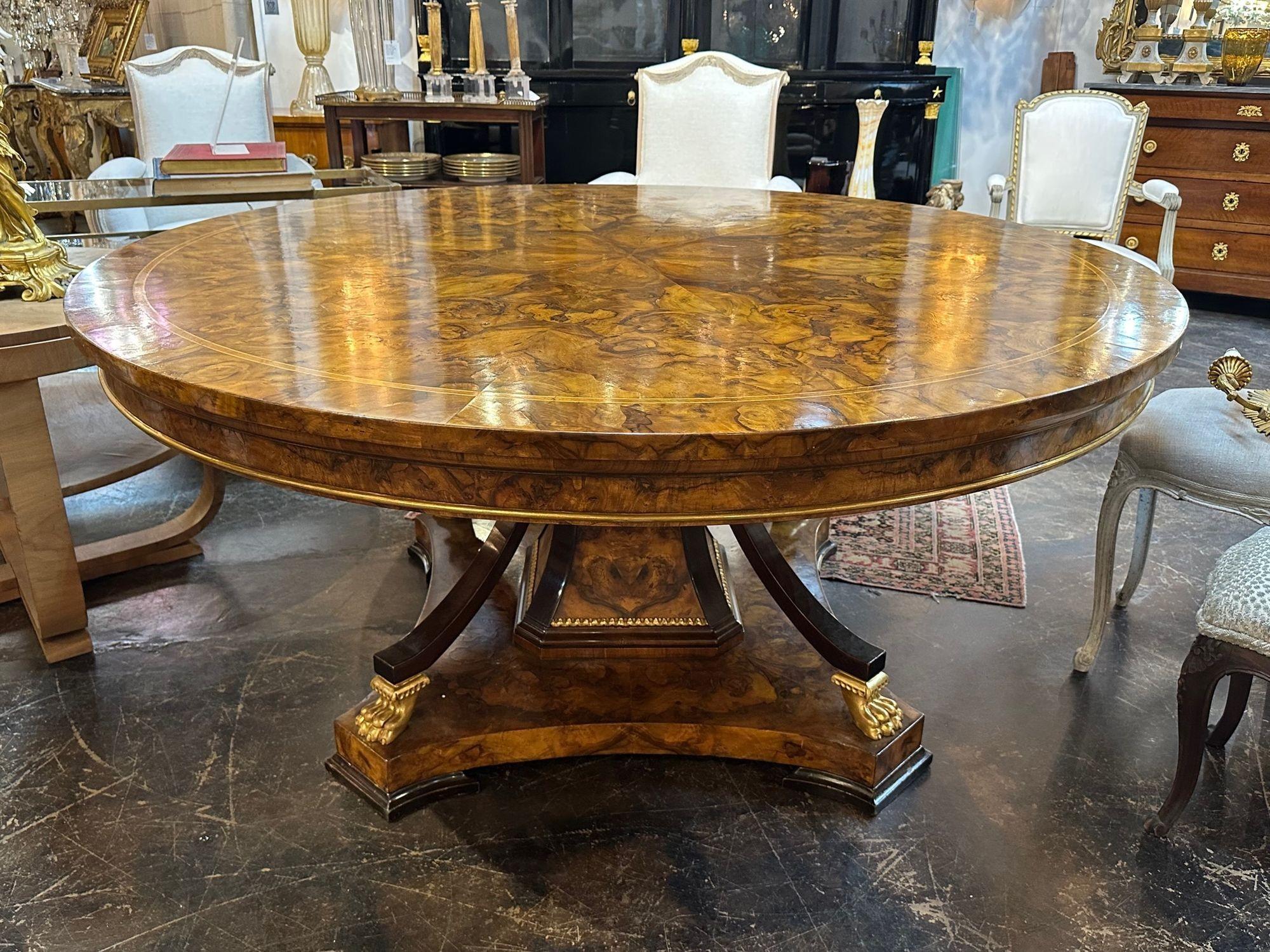 Outstanding large scale 19th century Italian Empire burl walnut and giltwood center table. circa 1880. Beautiful wood grain and polish!