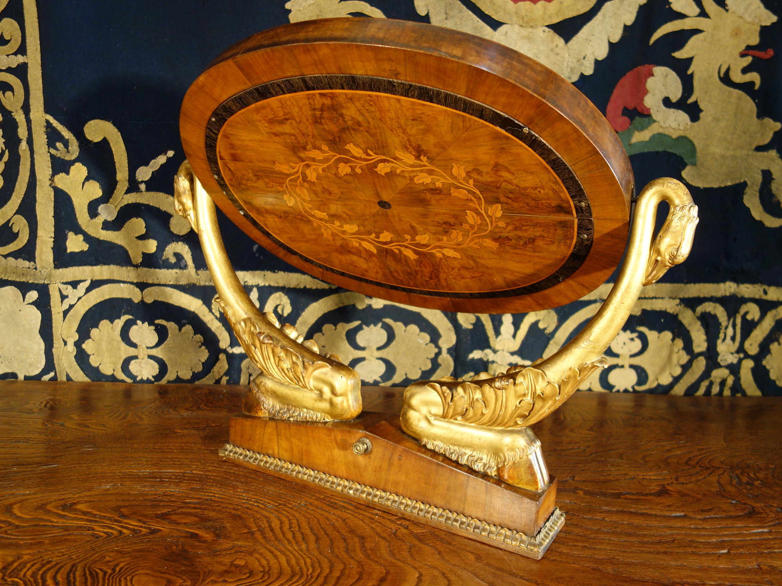 Italian Empire Walnut Psyche Table Mirror with Gold Gilt Swans and Ebony Inlay For Sale 14