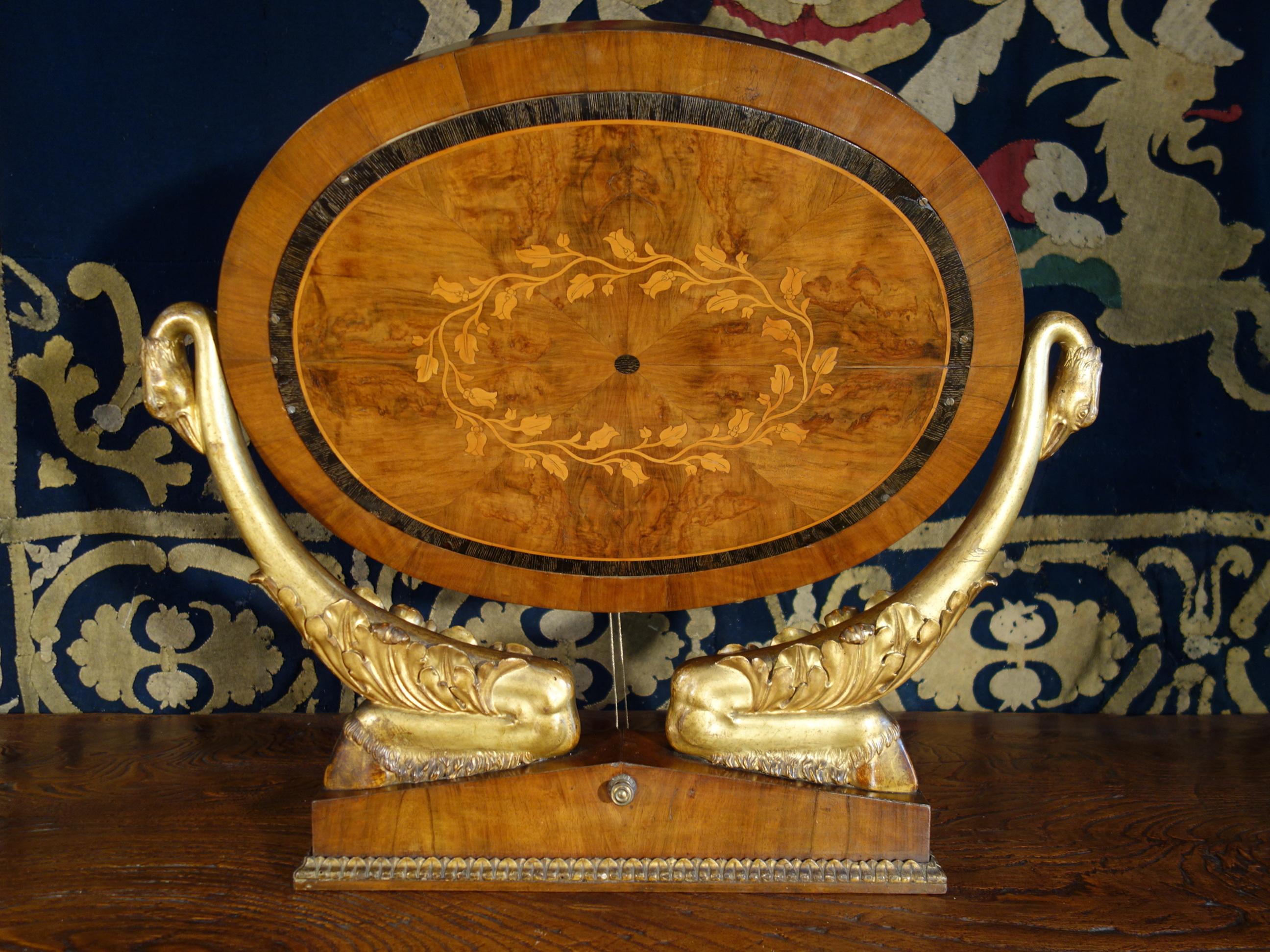 Italian Empire Walnut Psyche Table Mirror with Gold Gilt Swans and Ebony Inlay For Sale 15