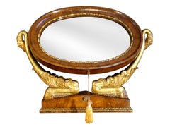 Italian Empire Walnut Psyche Table Mirror with Gold Gilt Swans and Ebony Inlay
