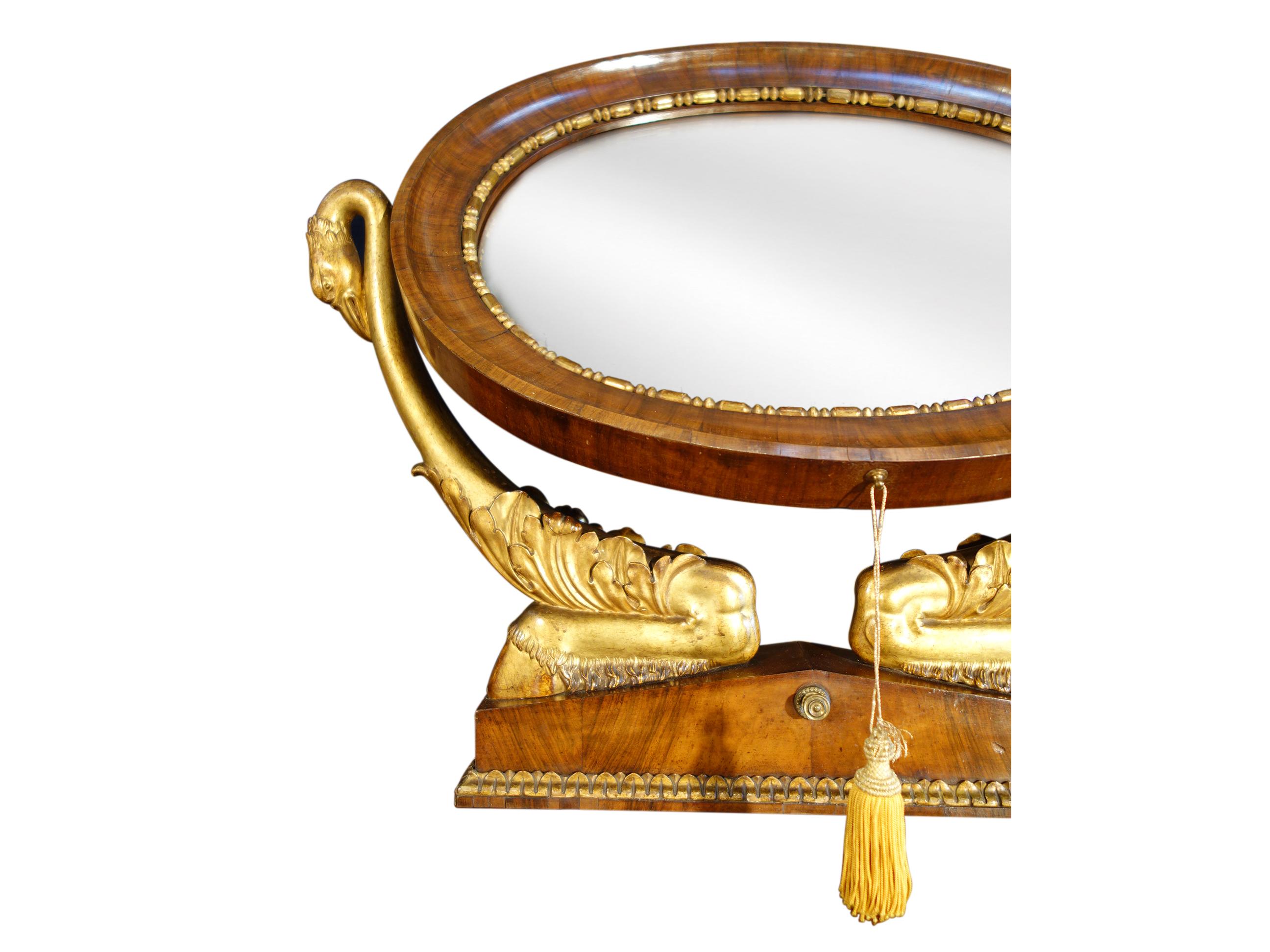 Italian Empire Walnut Psyche Table Mirror with Gold Gilt Swans and Ebony Inlay In Good Condition For Sale In Encinitas, CA