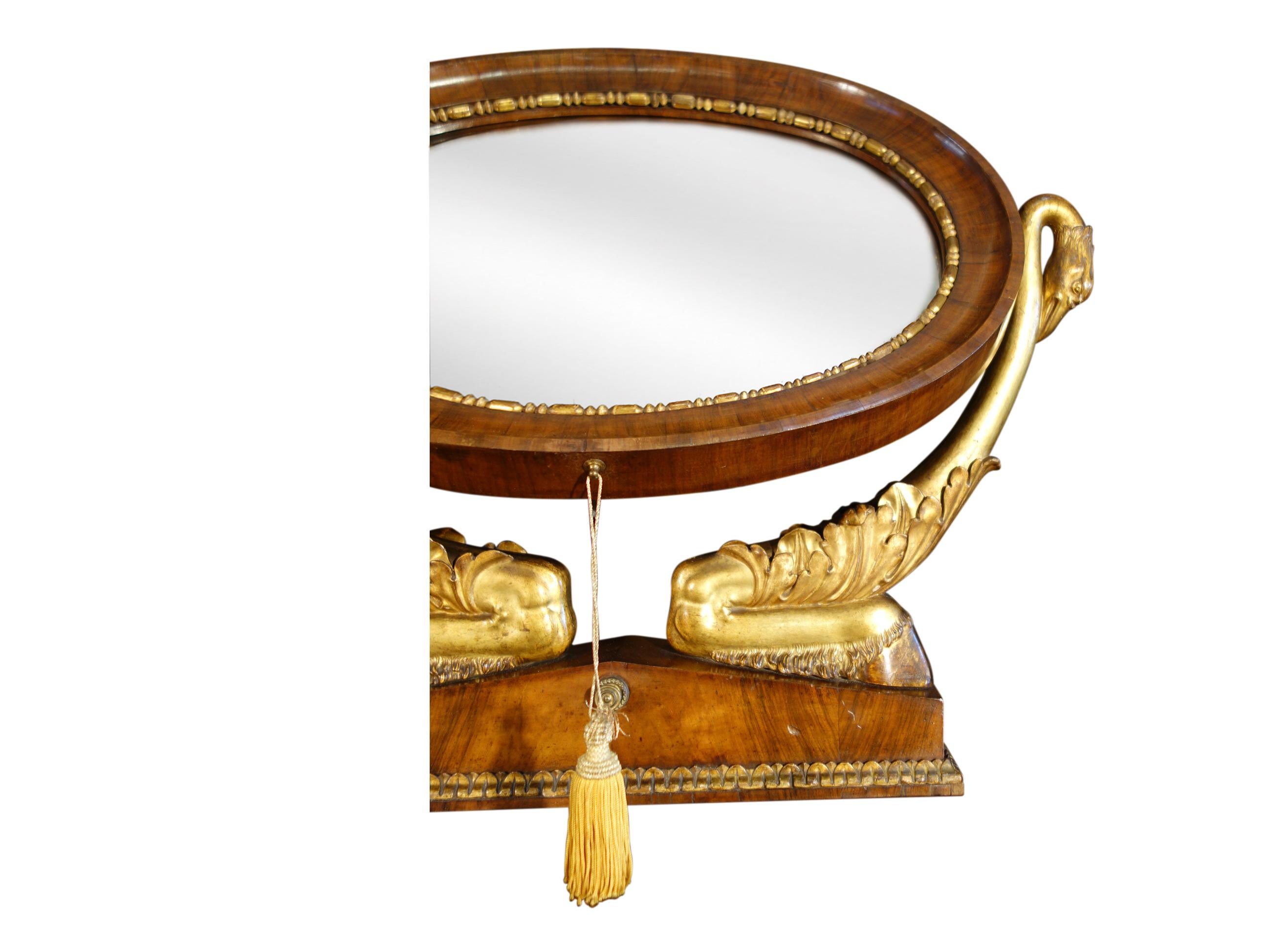 19th Century Italian Empire Walnut Psyche Table Mirror with Gold Gilt Swans and Ebony Inlay For Sale