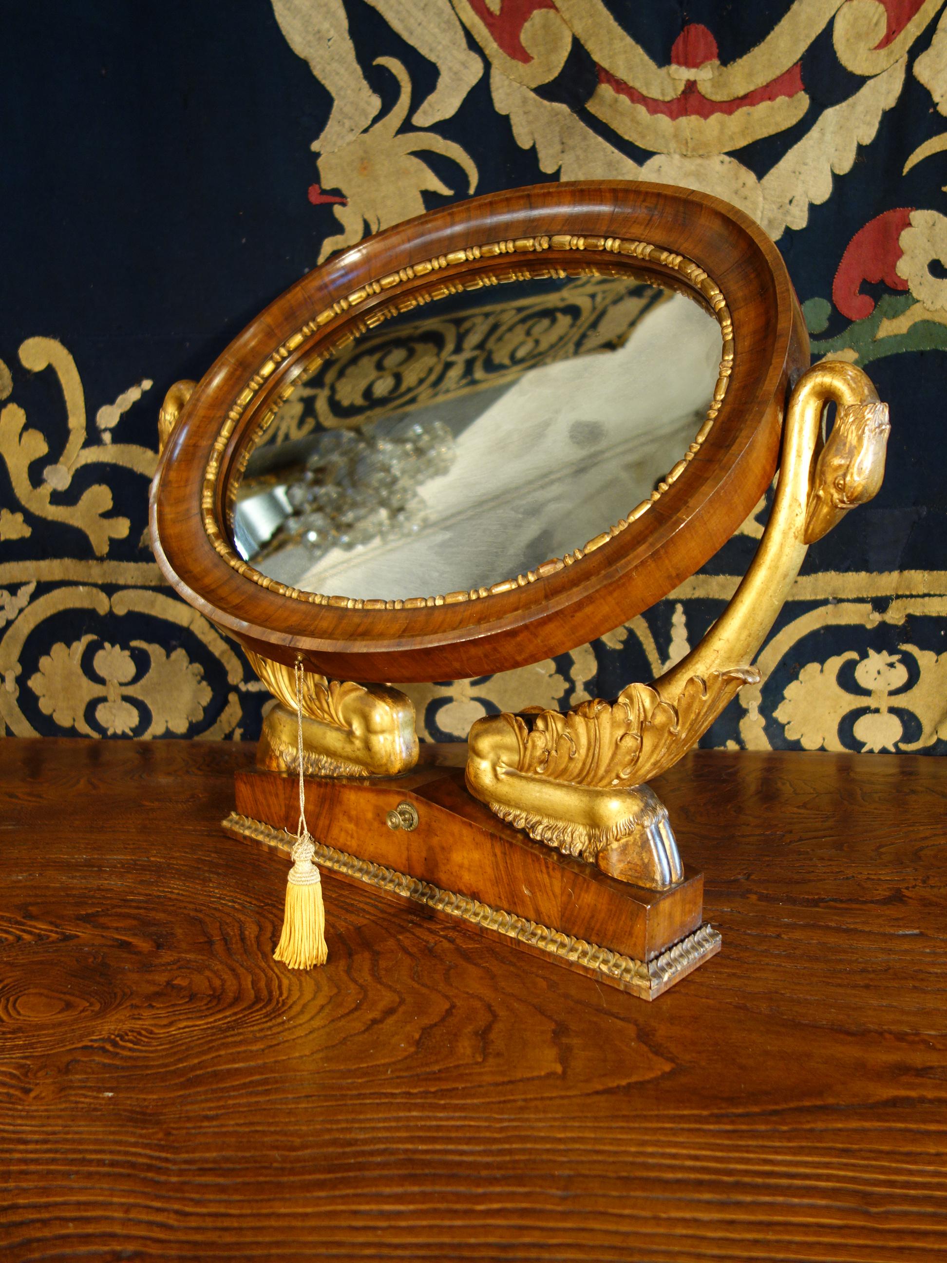 Italian Empire Walnut Psyche Table Mirror with Gold Gilt Swans and Ebony Inlay For Sale 3