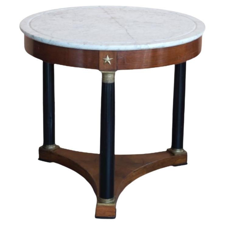 French Empire Walnut Wood Rounded Coffee Table White Marble from Carrara Top