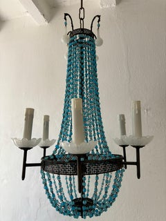 Italian Empire White Murano Opaline Beads Blue Beaded Tole Chandelier, c 1920