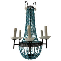 Italian Empire White Murano Opaline Beads Blue Beaded Tole Chandelier, c 1920