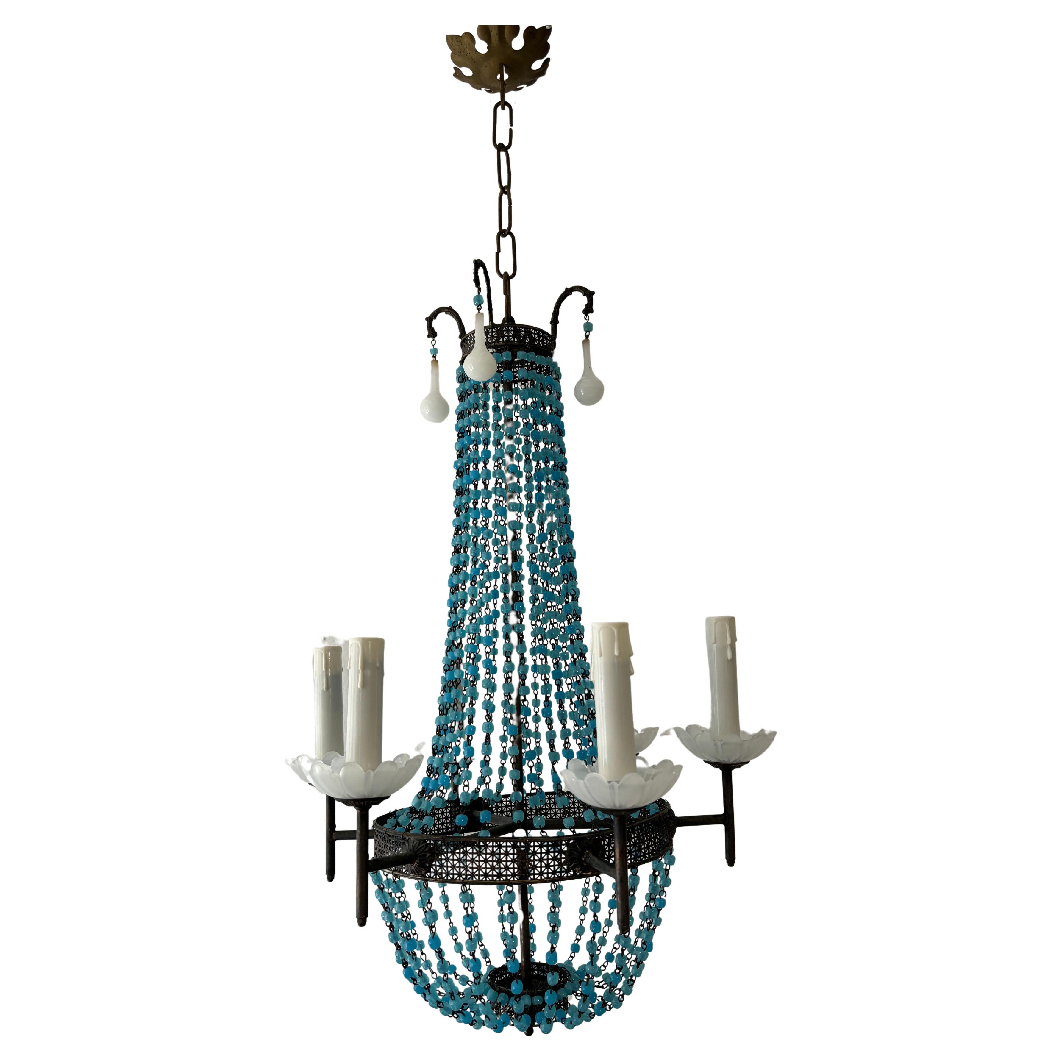 Italian Empire White Murano Opaline Beads Blue Beaded Tole Chandelier, c 1920