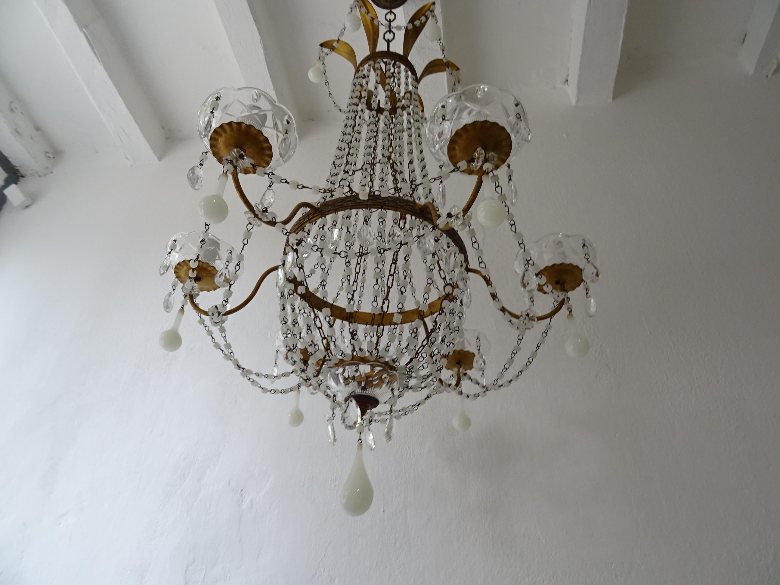 Italian Empire White Murano Opaline Beads Drops Beaded Tole Chandelier, c 1900 In Good Condition For Sale In Firenze, Toscana