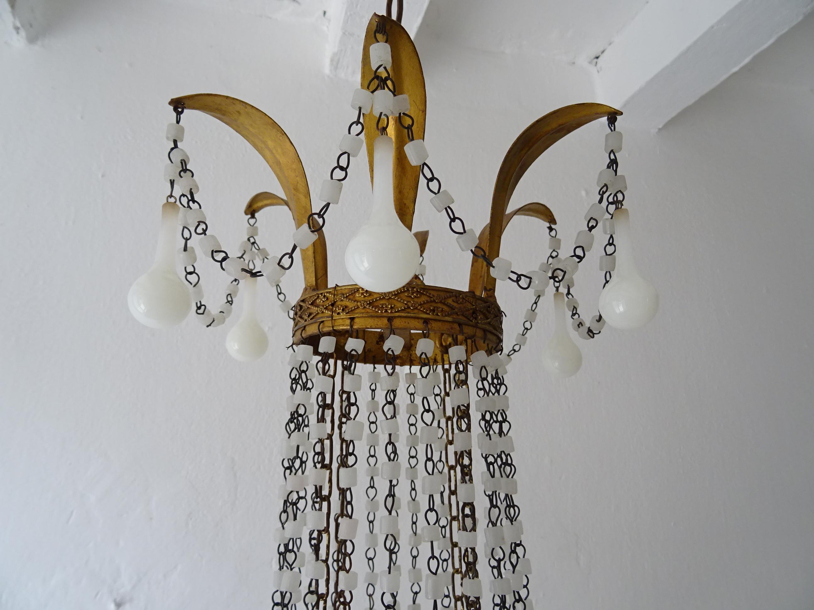Early 20th Century Italian Empire White Murano Opaline Beads Drops Beaded Tole Chandelier, c 1900 For Sale
