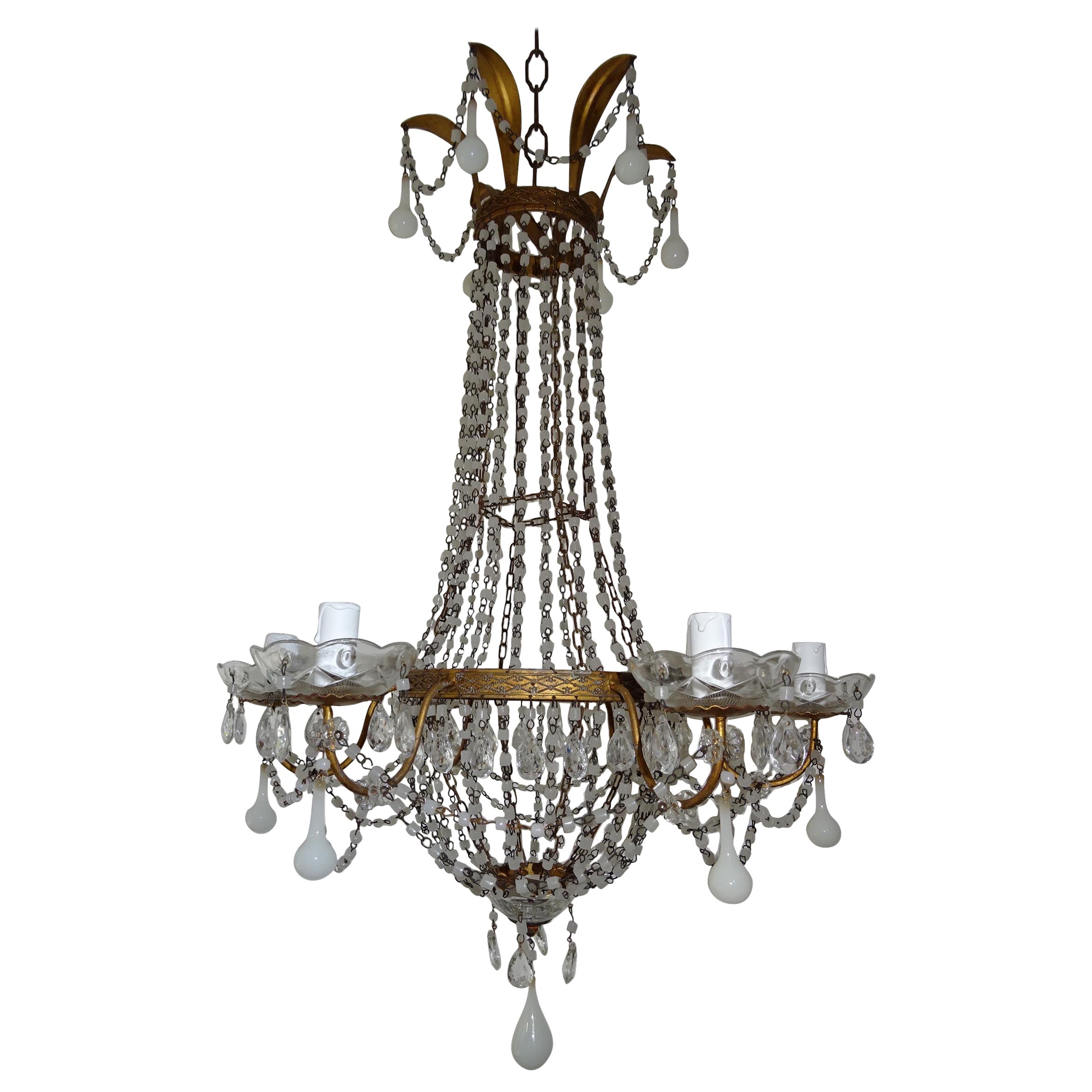 Lustre Empire italien en opaline de Murano blanche, perles et perles, vers 1900