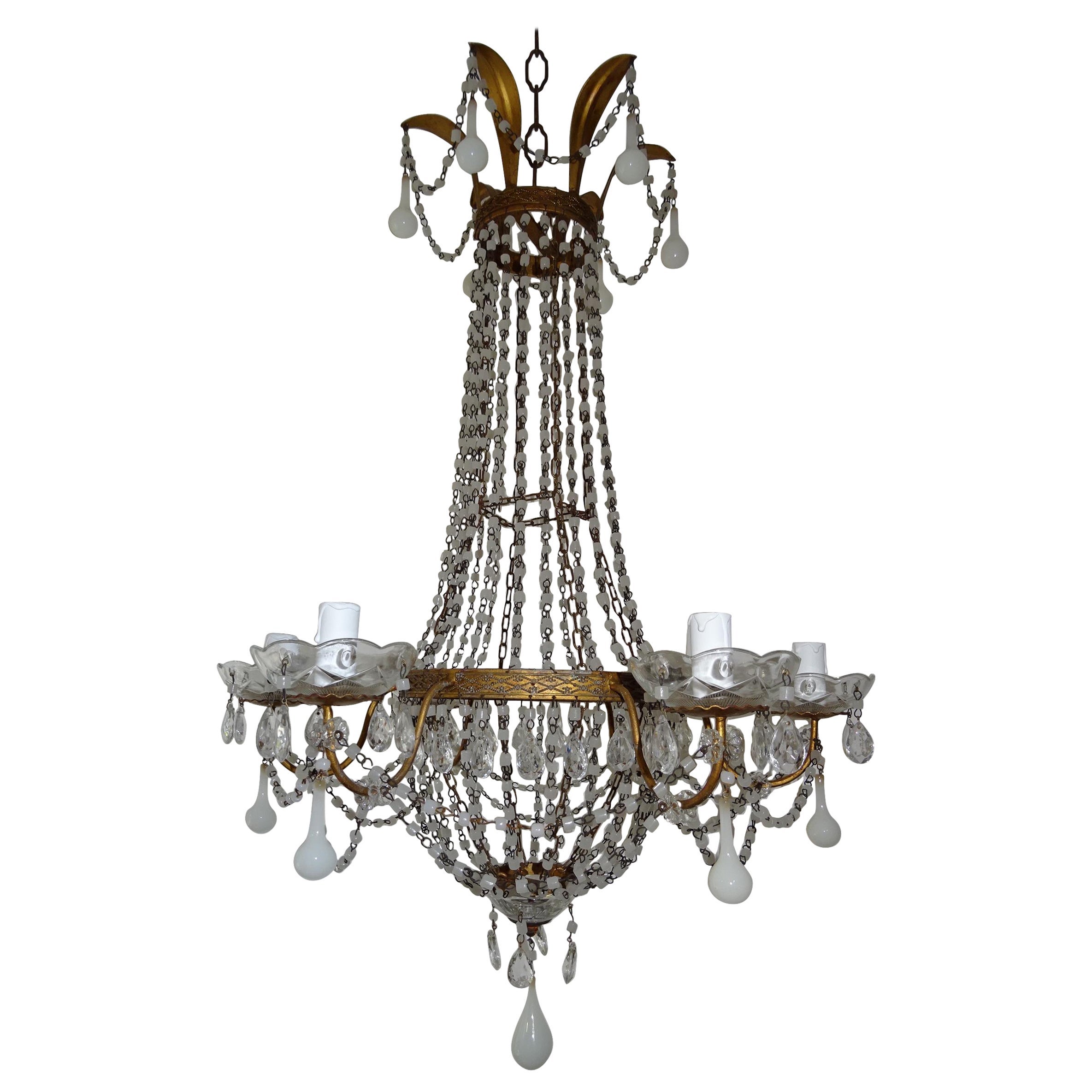 Italian Empire White Murano Opaline Beads Drops Beaded Tole Chandelier, c 1900 For Sale