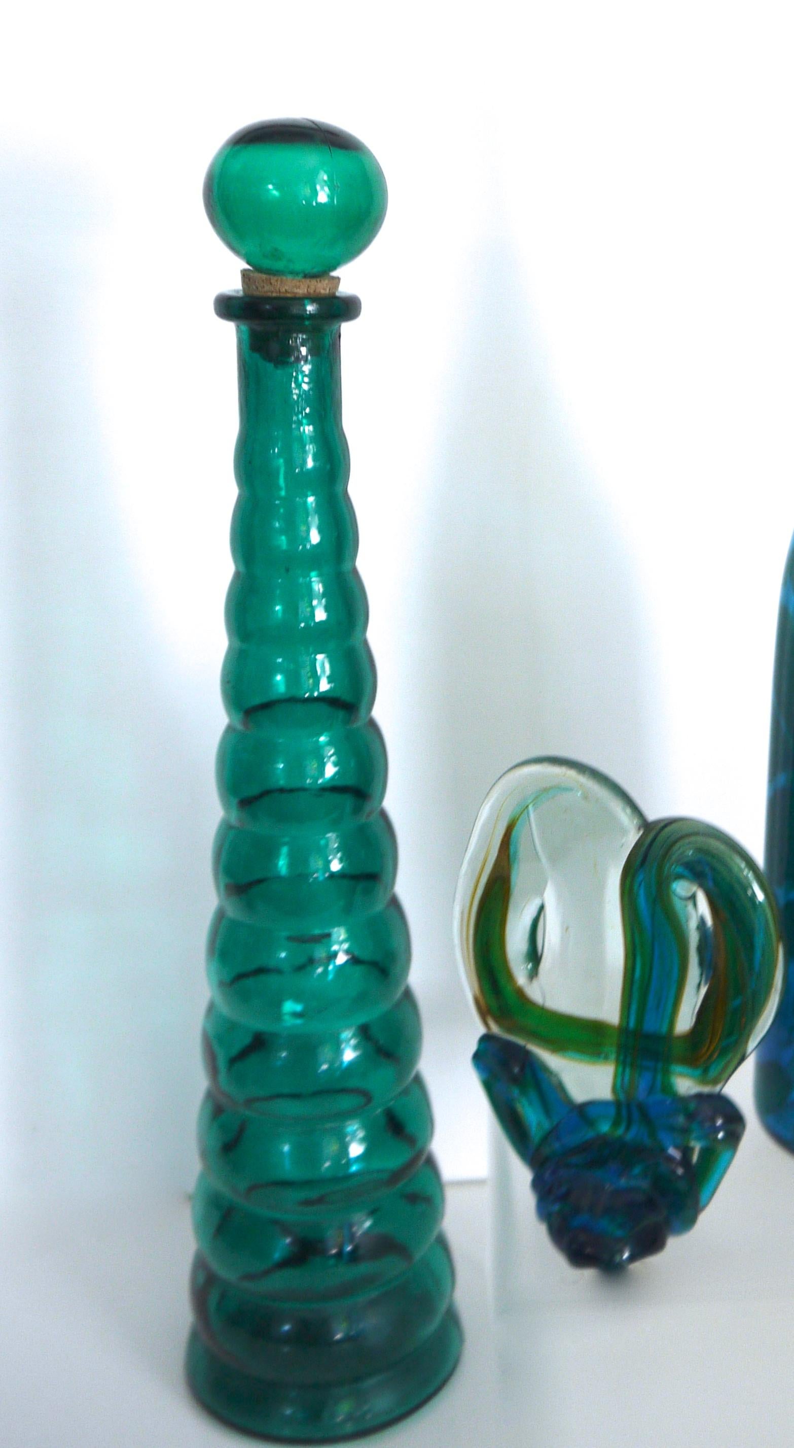 Mid-Century Modern Italian Empoli Glass Bottle with Mdina Sculpture Michael Harris Early 1960s