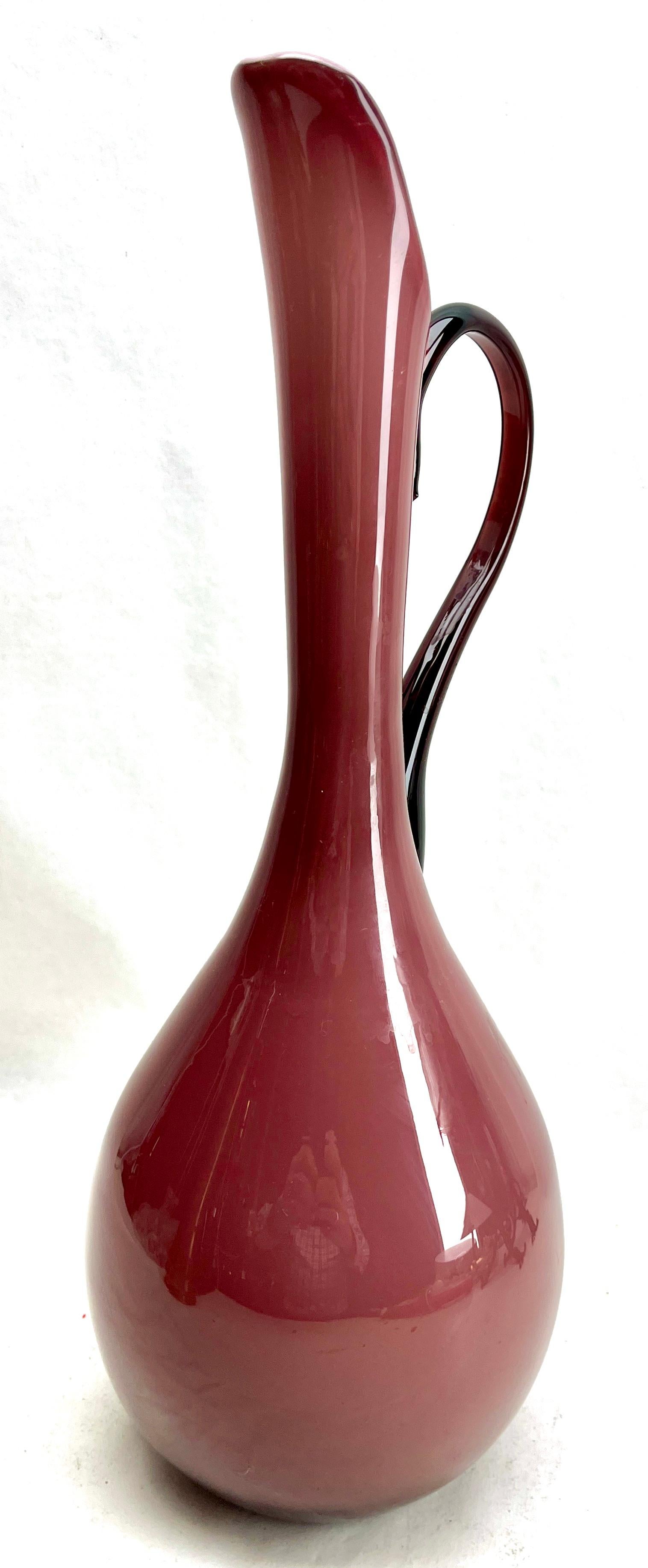 20th Century Italian Empoli Handmade Murano Cased Art Glass Pitcher with Handle For Sale
