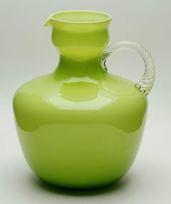Italian Empoli Olive Green Murano Cased Art Glass Pitcher with Twisted Handle