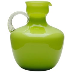 Vintage Italian Empoli Olive Green Murano Cased Art Glass Pitcher with Twisted Handle