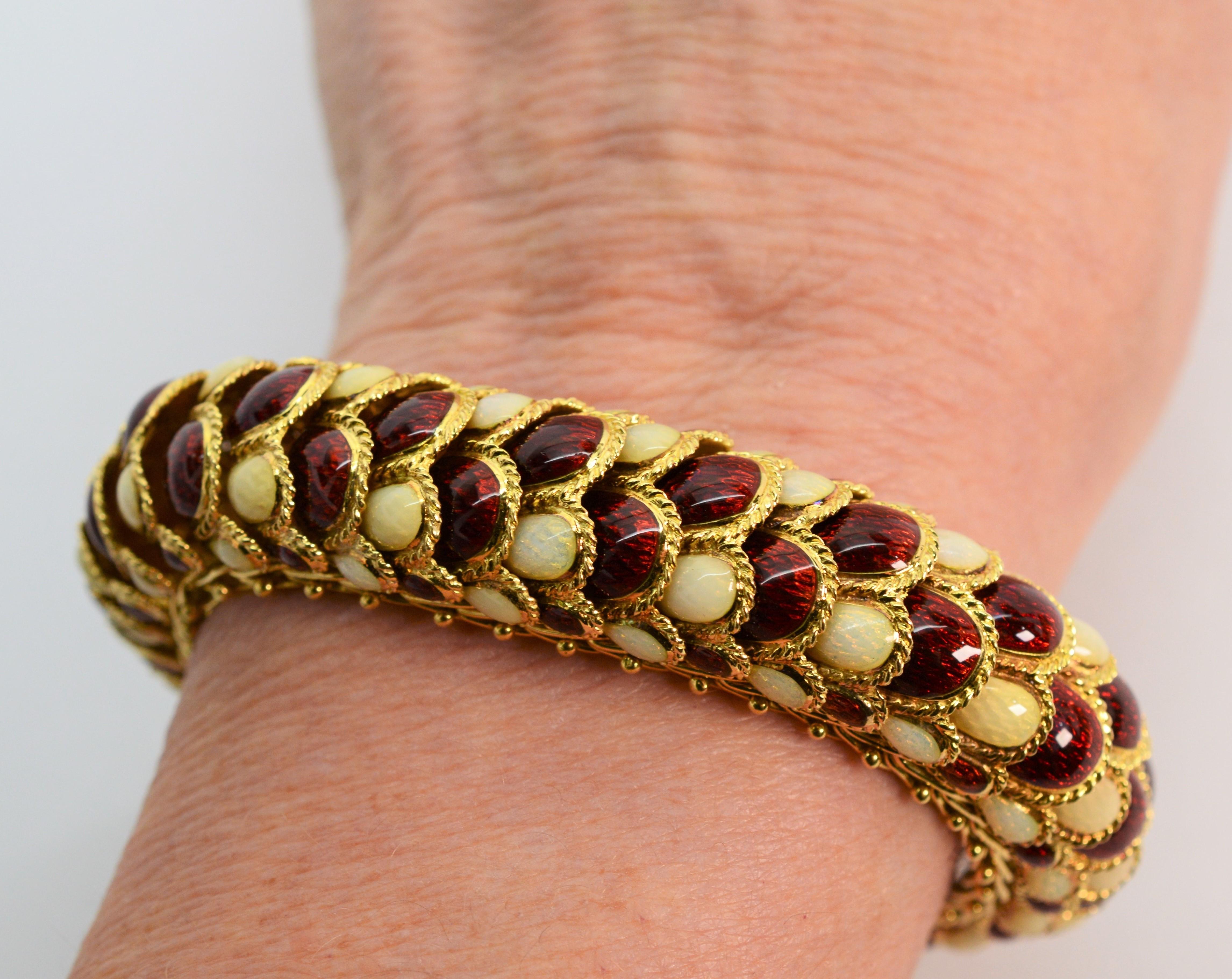 Italian Enamel 18 Karat Yellow Gold Statement Snake Bracelet For Sale 3