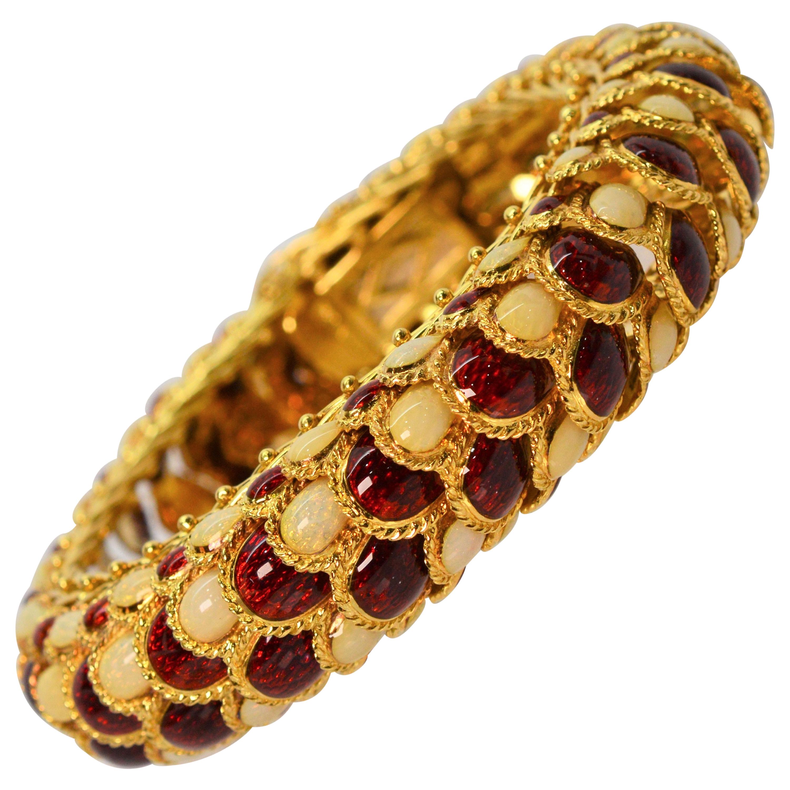 Italian Enamel 18 Karat Yellow Gold Statement Snake Bracelet For Sale