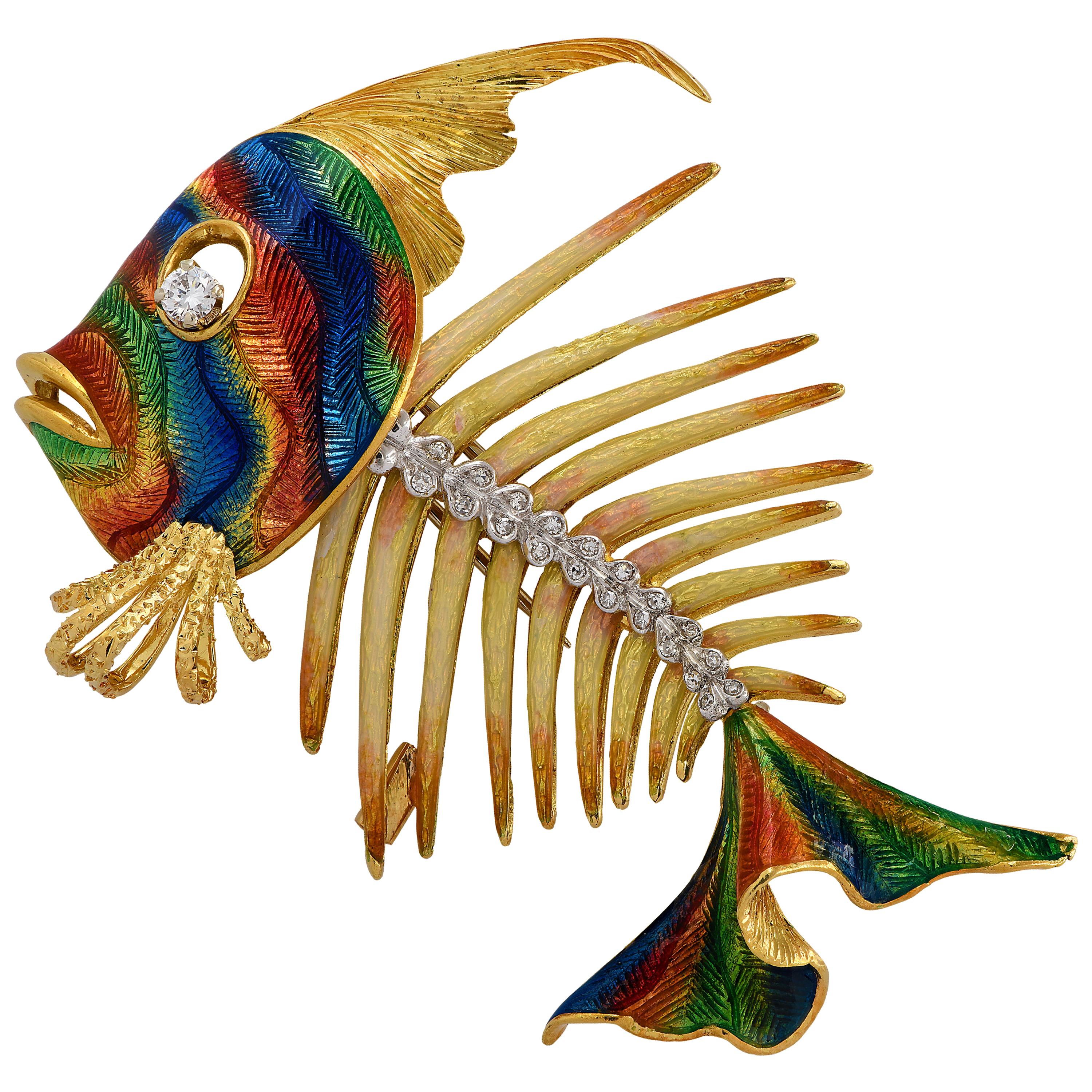 Italian Enamel and Diamond Fish Brooch Pin