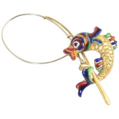 Italian Enamel and Gold Fish Caught on a Rod Brooch