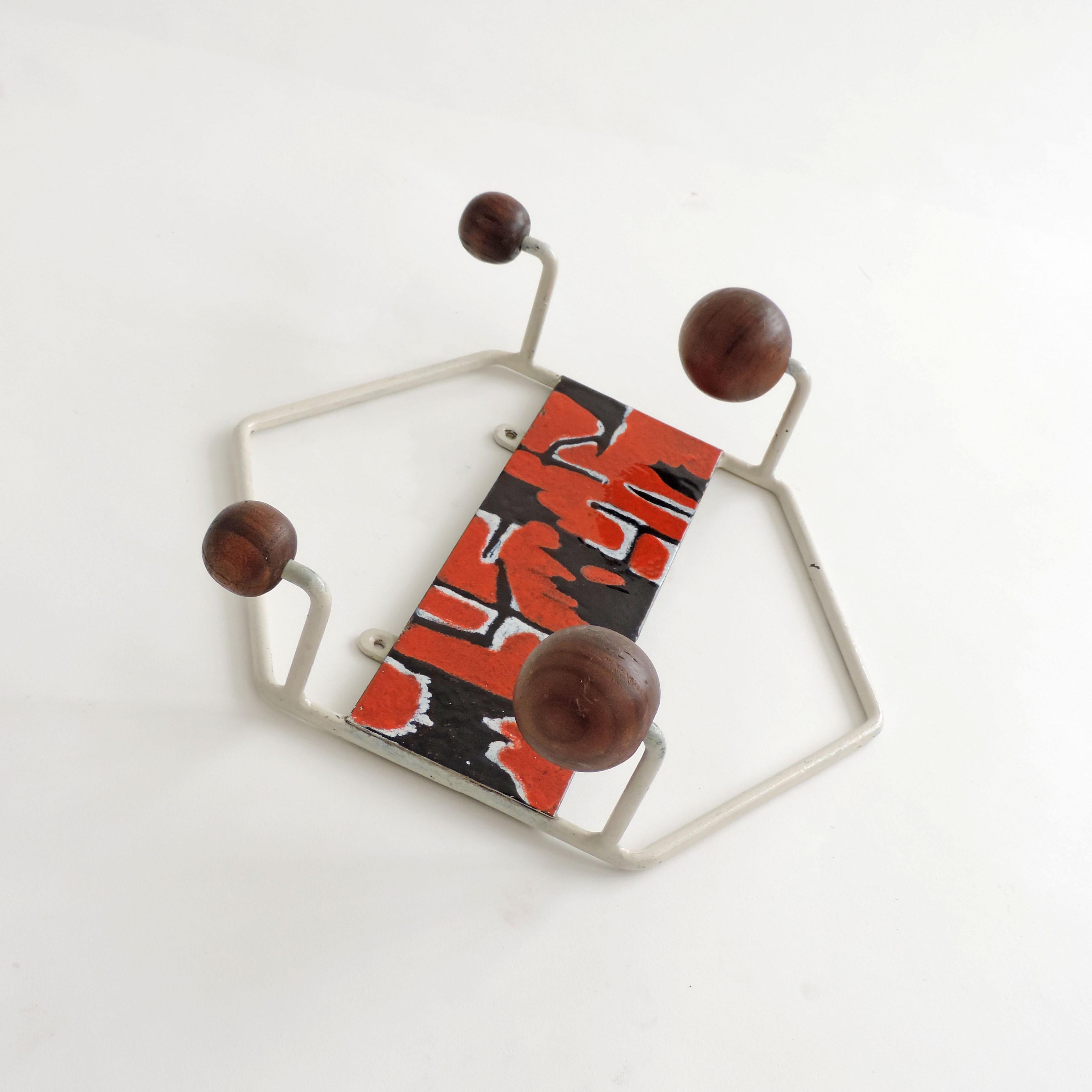 Mid-20th Century Italian Enamel Decorated Wall Coat Hanger, 1960s For Sale
