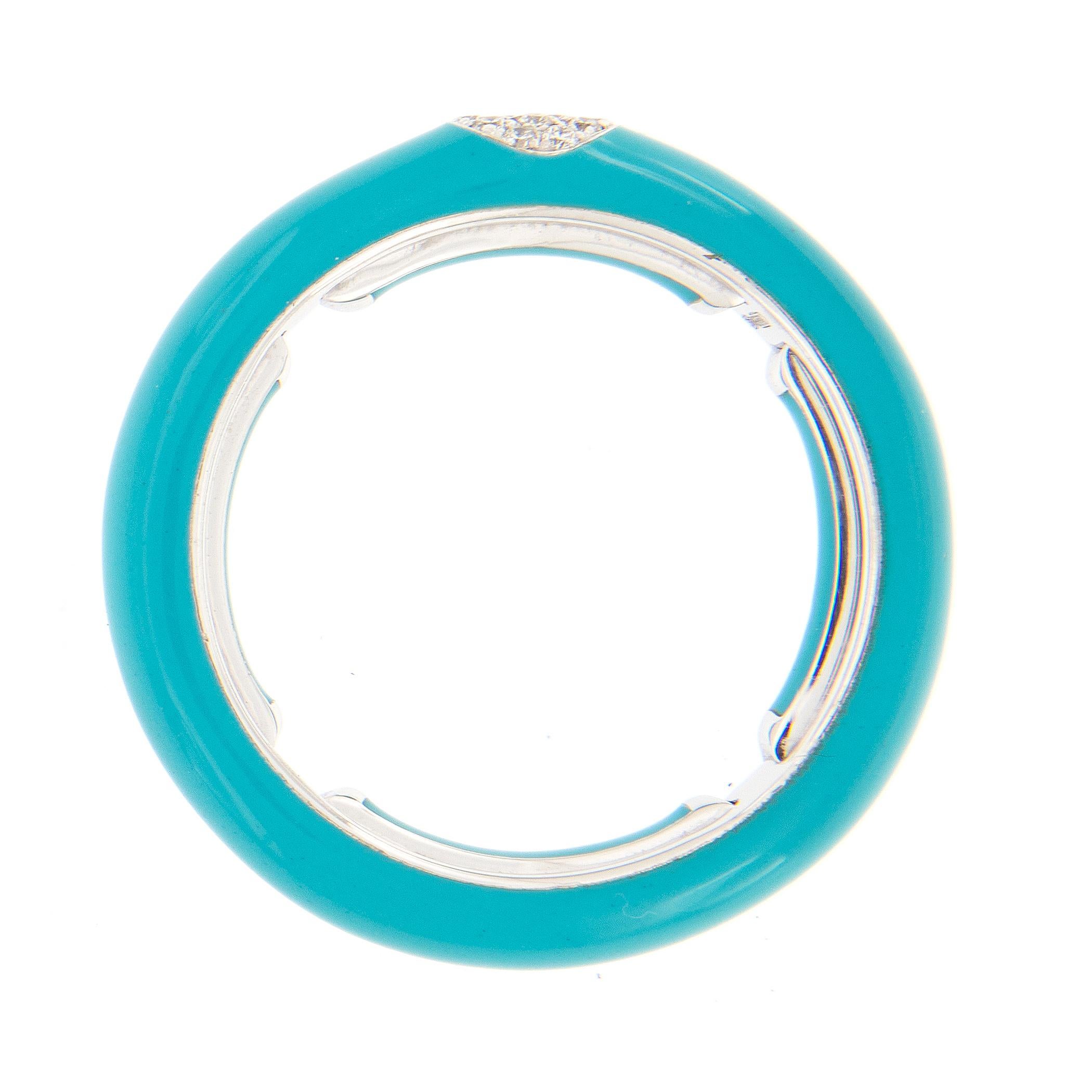 Bold, bright and beautiful! This contemporary enamel ring is hand-crafted in Italy for Campanelli & Pear. Ring is 18k white gold featuring a smooth enamel finish in turquoise and accented with 14 pave set diamonds. The ring features a unique