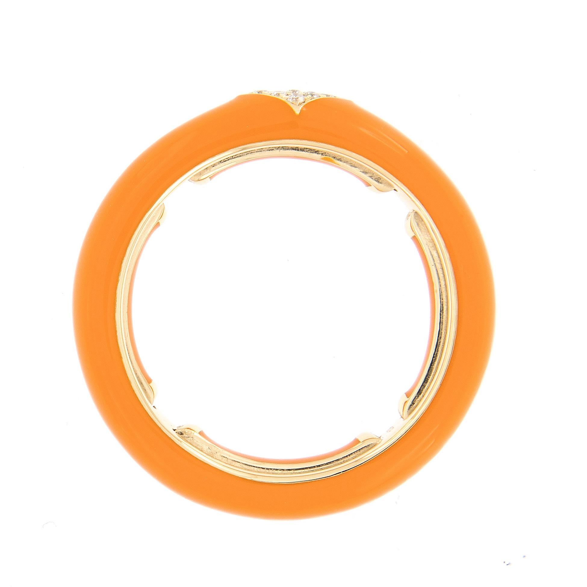 Bold, bright and beautiful! This contemporary enamel ring is hand-crafted in Italy for Campanelli & Pear. Ring is 18k yellow gold featuring a smooth enamel finish in pop color orange and accented with nine pave set diamonds. The ring features a