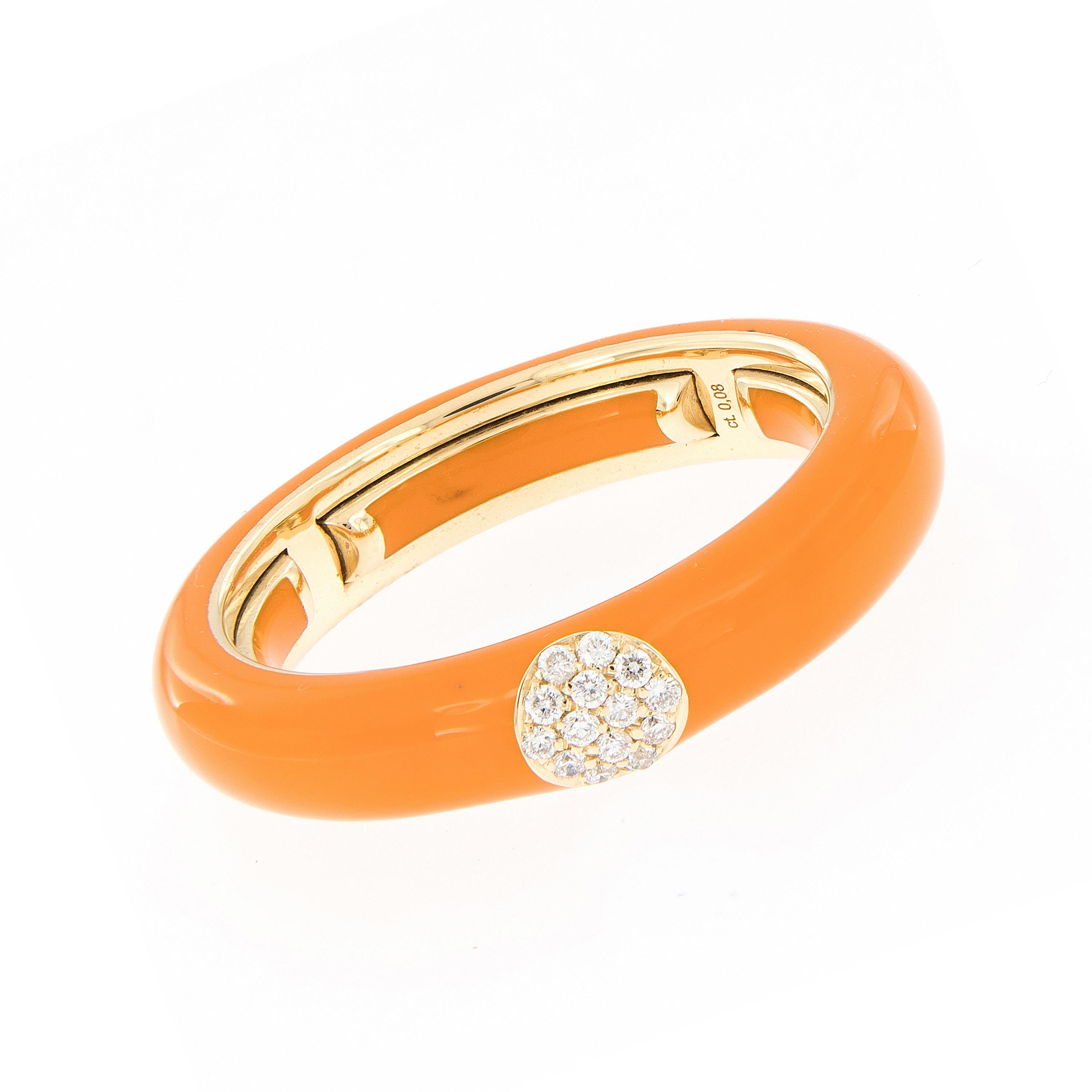 Bold, bright and beautiful! This contemporary enamel ring is hand-crafted in Italy for Campanelli & Pear. Ring is 18k yellow gold featuring a smooth enamel finish in orange and accented with 14 pave set diamonds. The ring features a unique