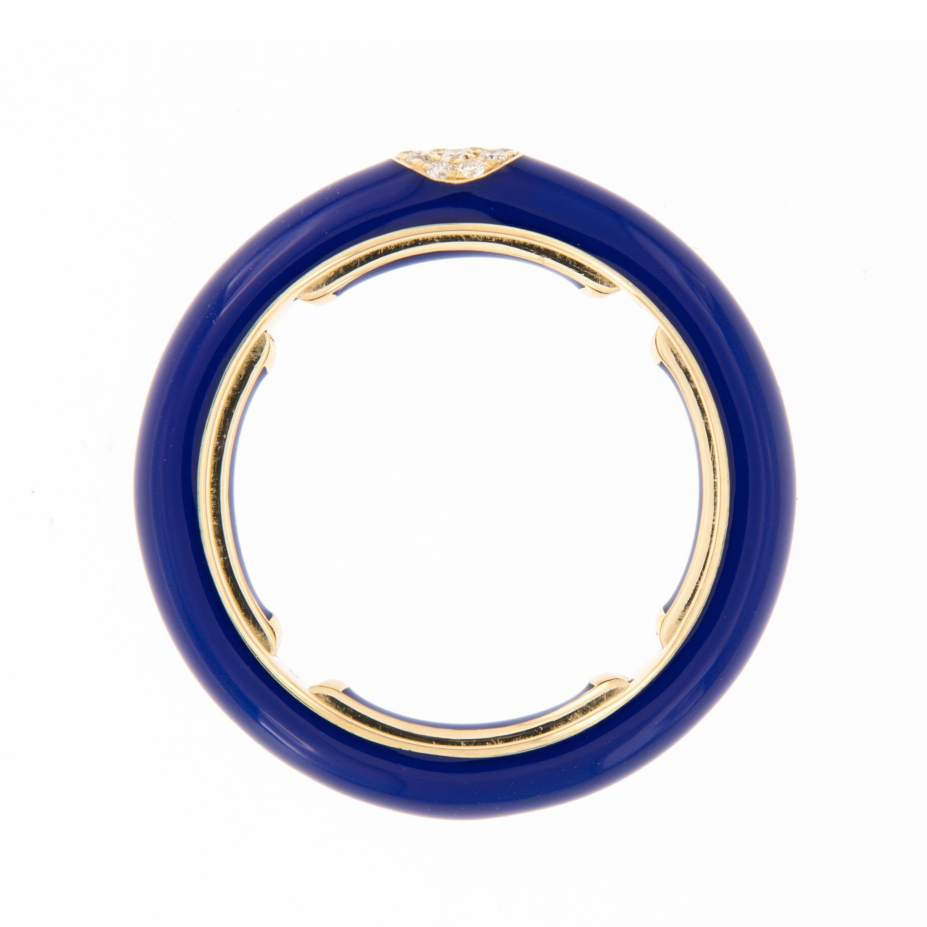 Bold, bright and beautiful! This contemporary enamel ring is hand-crafted in Italy for Campanelli & Pear. Ring is 18k yellow gold featuring a smooth enamel finish in lapis blue and accented with 14 pave set diamonds. The ring features a unique