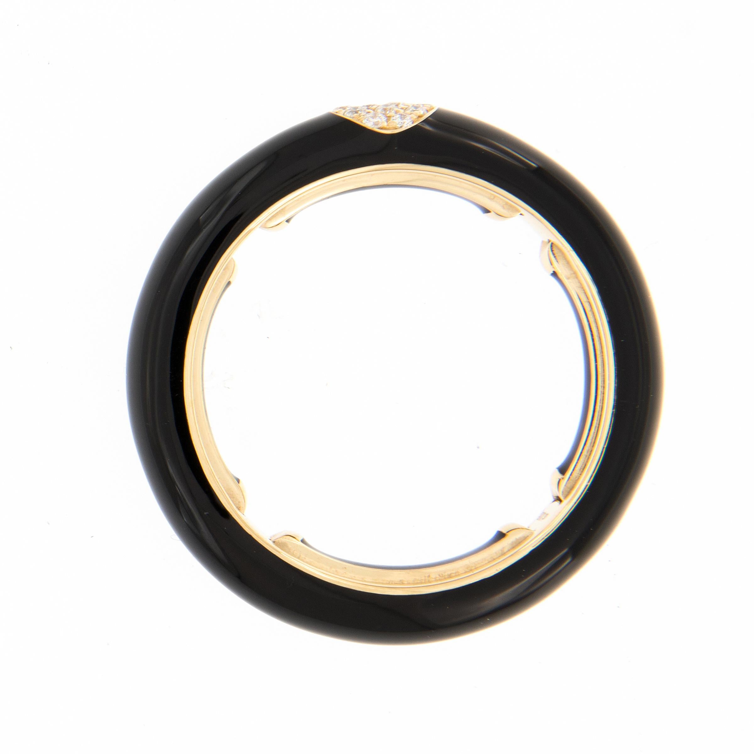 Bold, bright and beautiful! This contemporary enamel ring is hand-crafted in Italy for Campanelli & Pear. Ring is 18k yellow gold featuring a smooth enamel finish in rich black and accented with 14 pave set diamonds. The ring features a unique