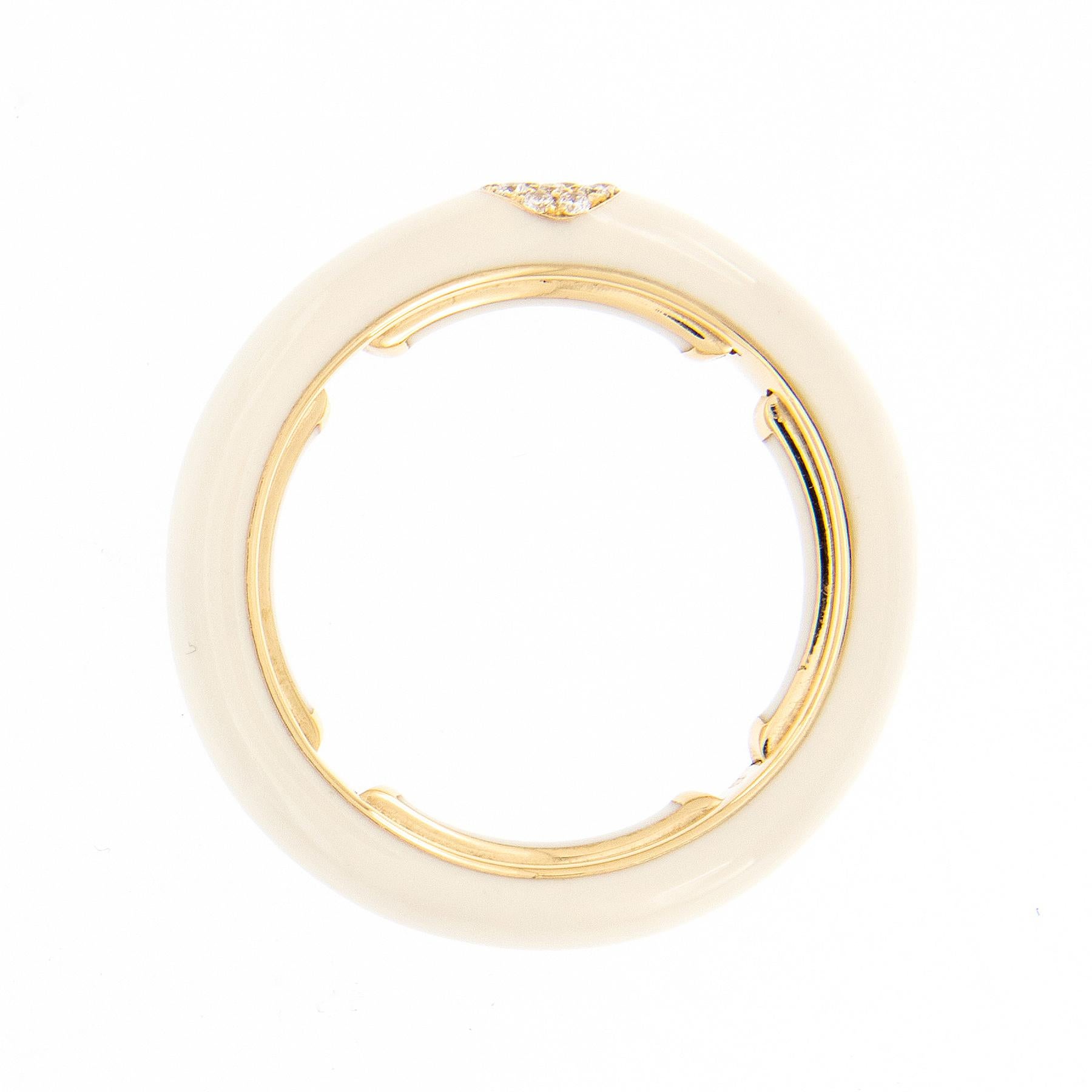 Bold, bright and beautiful! This contemporary enamel ring is hand-crafted in Italy for Campanelli & Pear. Ring is 18k yellow gold featuring a smooth enamel finish in ivory and accented with 14 pave set diamonds. The ring features a unique adjustable