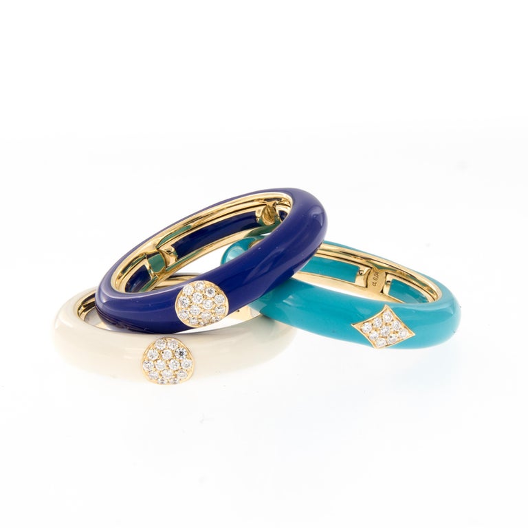 Italian Enamel Diamond 18 Karat Yellow Gold Adjustable Band Ring For