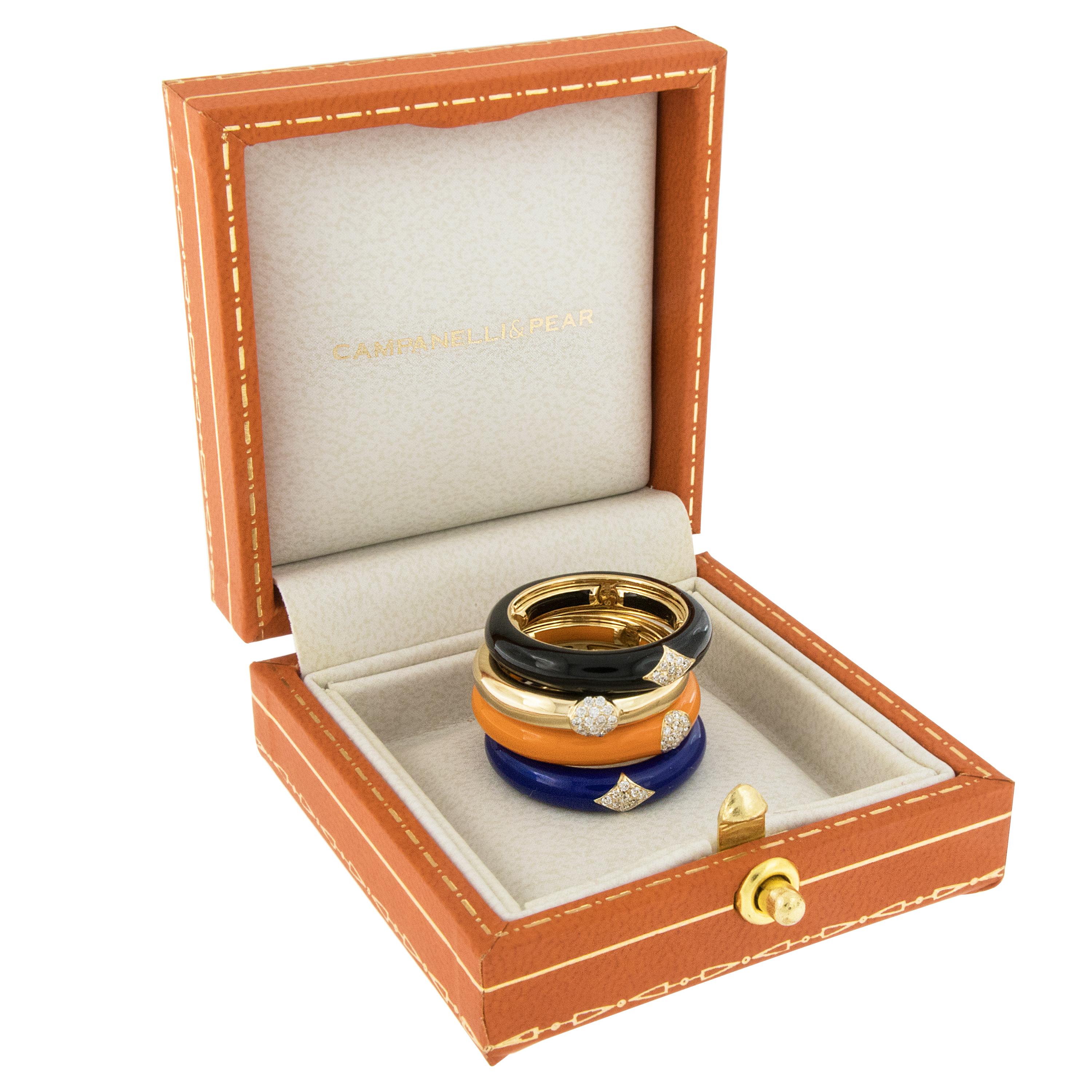 Round Cut Italian Enamel Diamond 18 Karat Yellow Gold Adjustable Band Ring For Sale