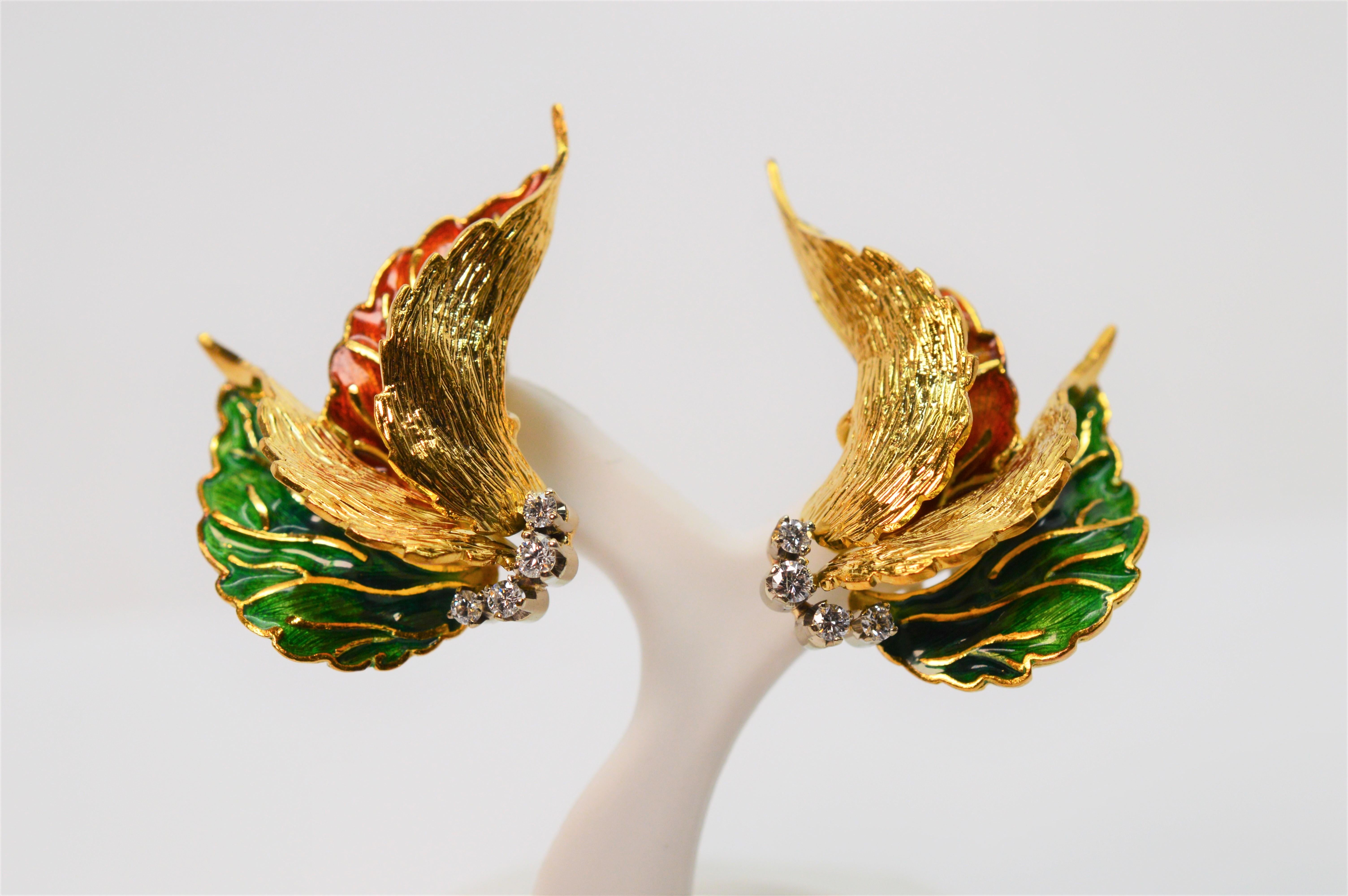 Italian Enamel Diamond 18K Yellow Gold Art Leaf Stud Earrings For Sale 5