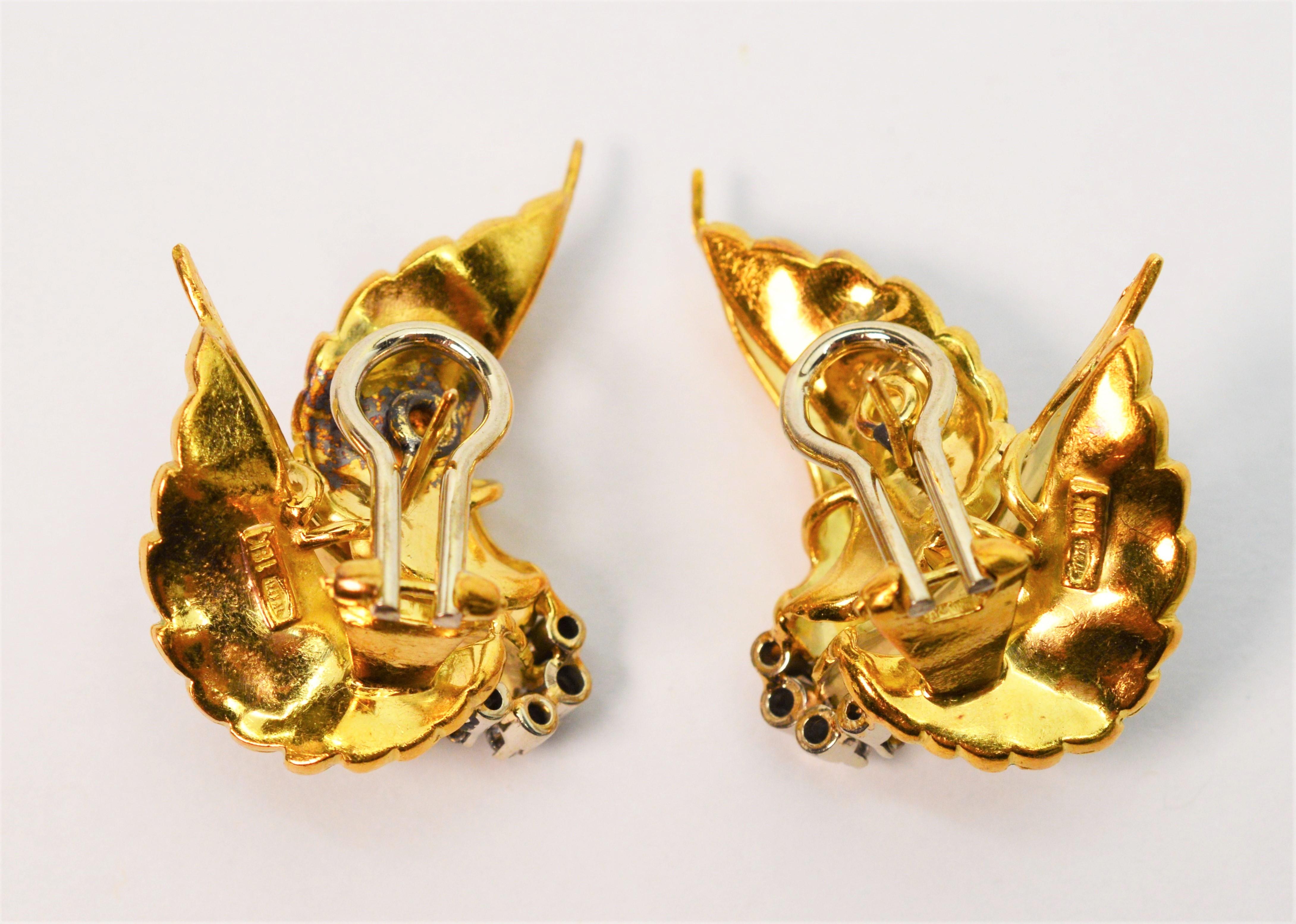 Women's Italian Enamel Diamond 18K Yellow Gold Art Leaf Stud Earrings For Sale
